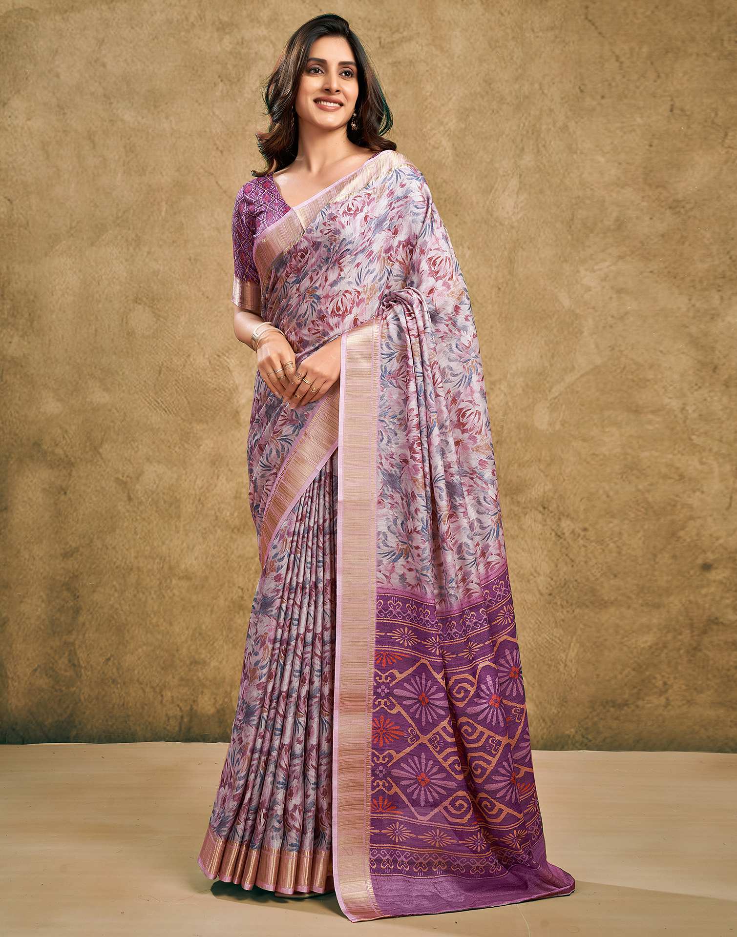 Grape Purple Printed Chanderi Saree