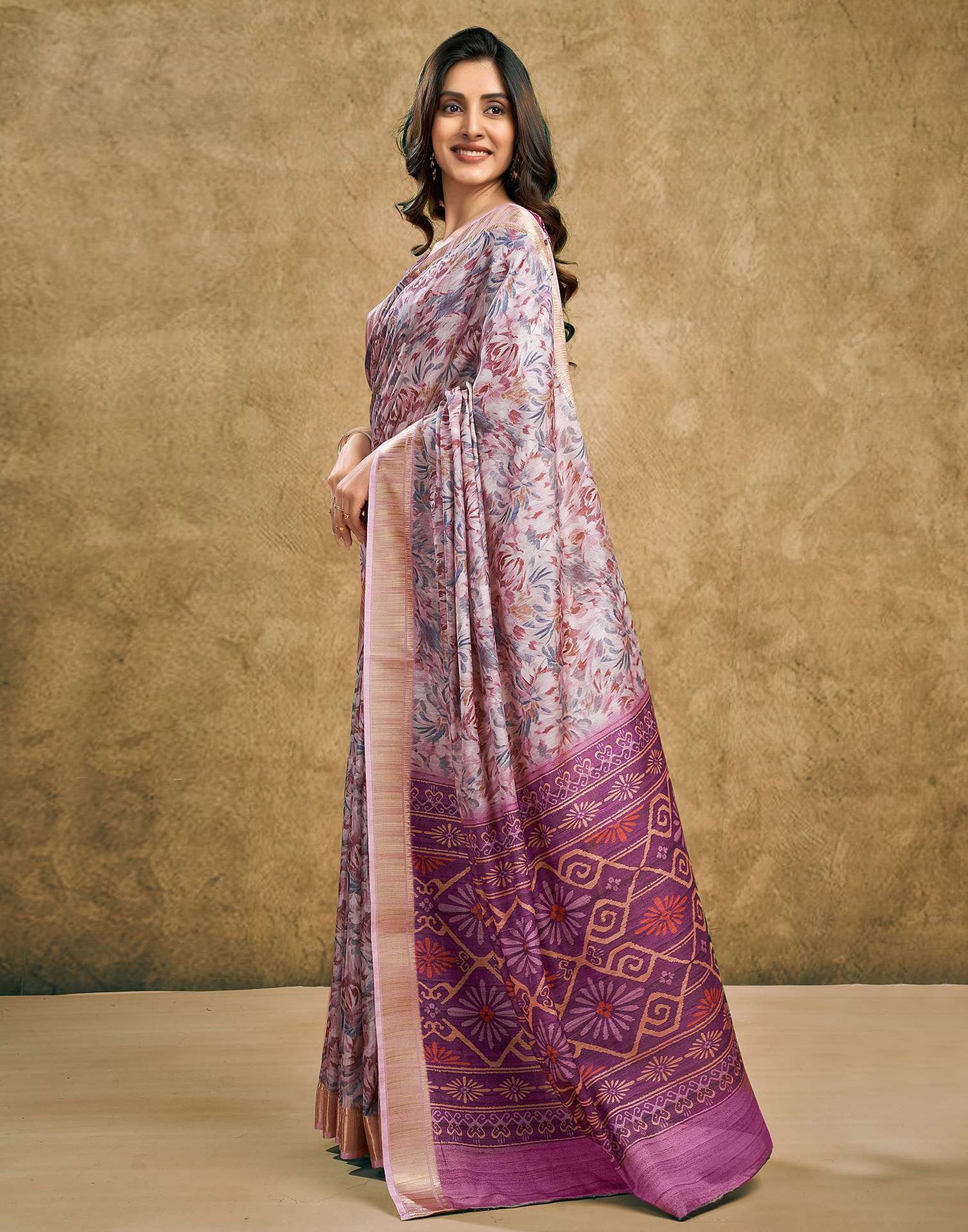 Grape Purple Printed Chanderi Saree