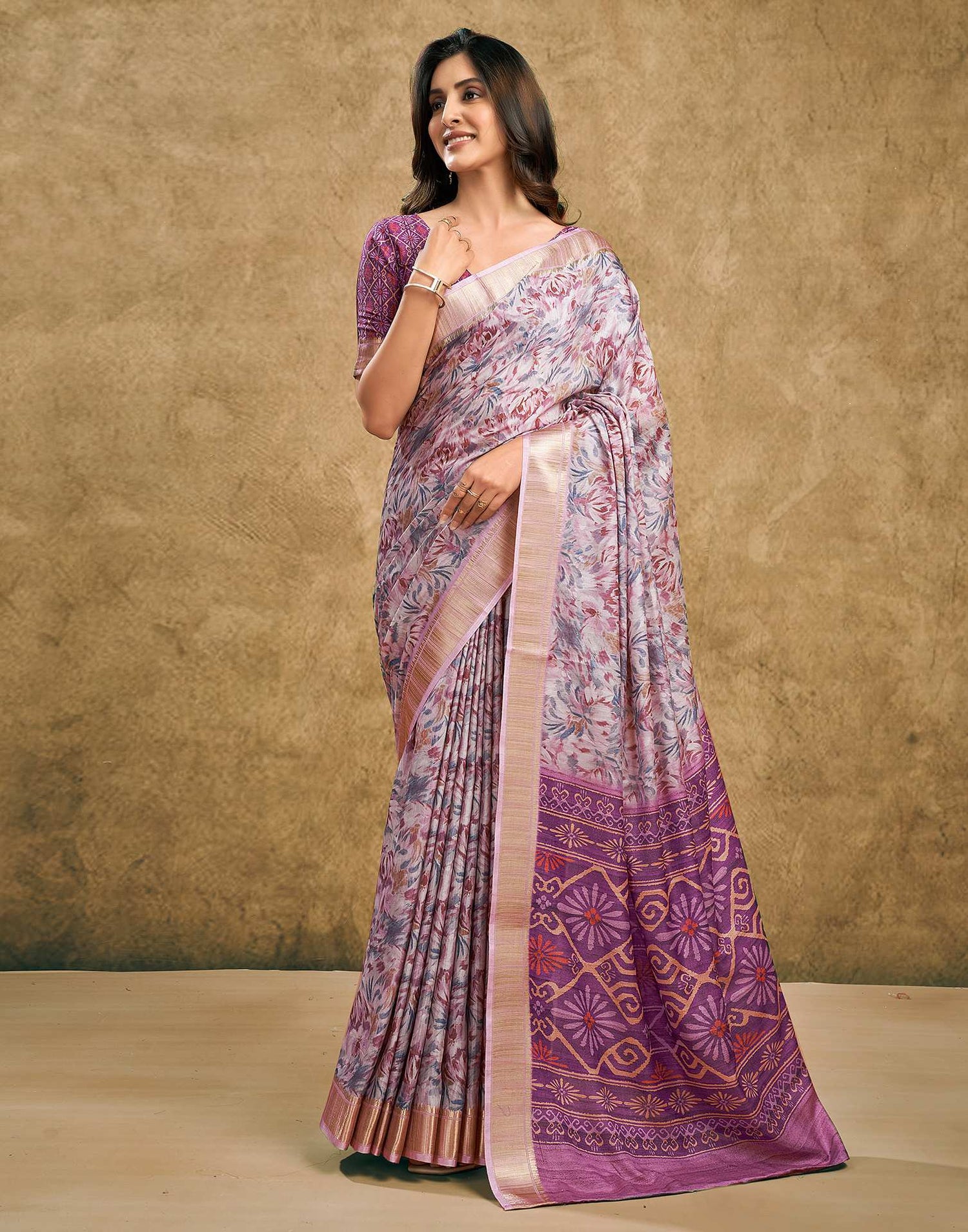 Grape Purple Printed Chanderi Saree