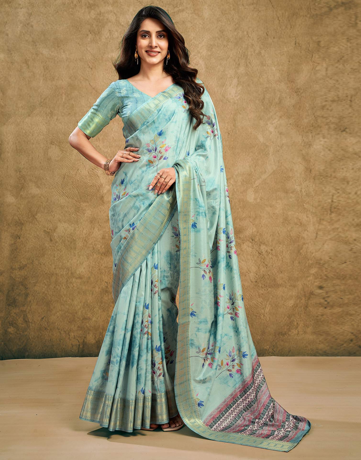 Light Pista Green Printed Silk Saree