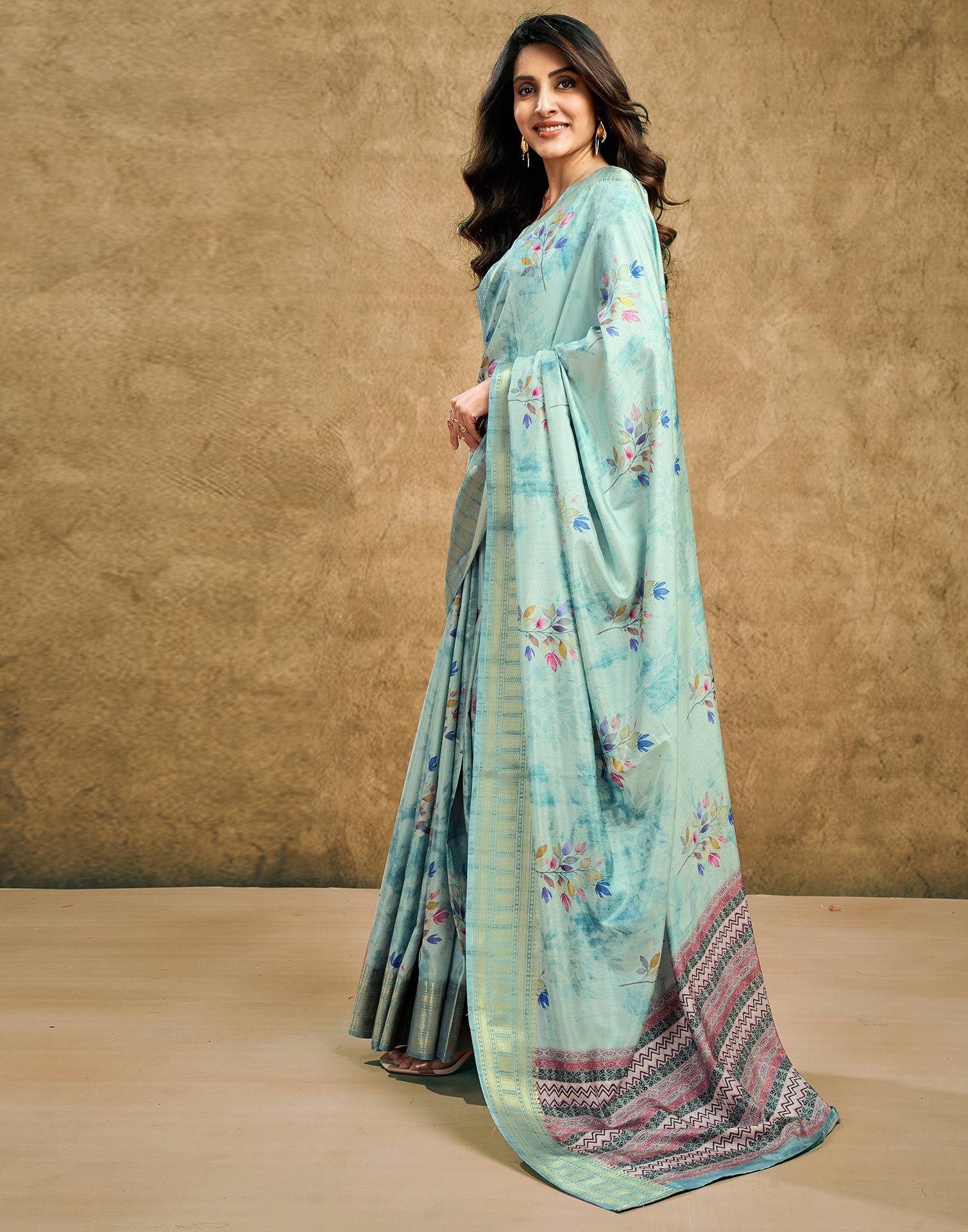 Light Pista Green Printed Silk Saree