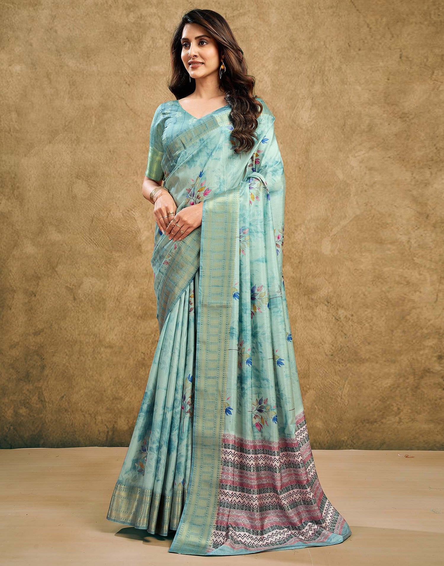 Light Pista Green Printed Silk Saree