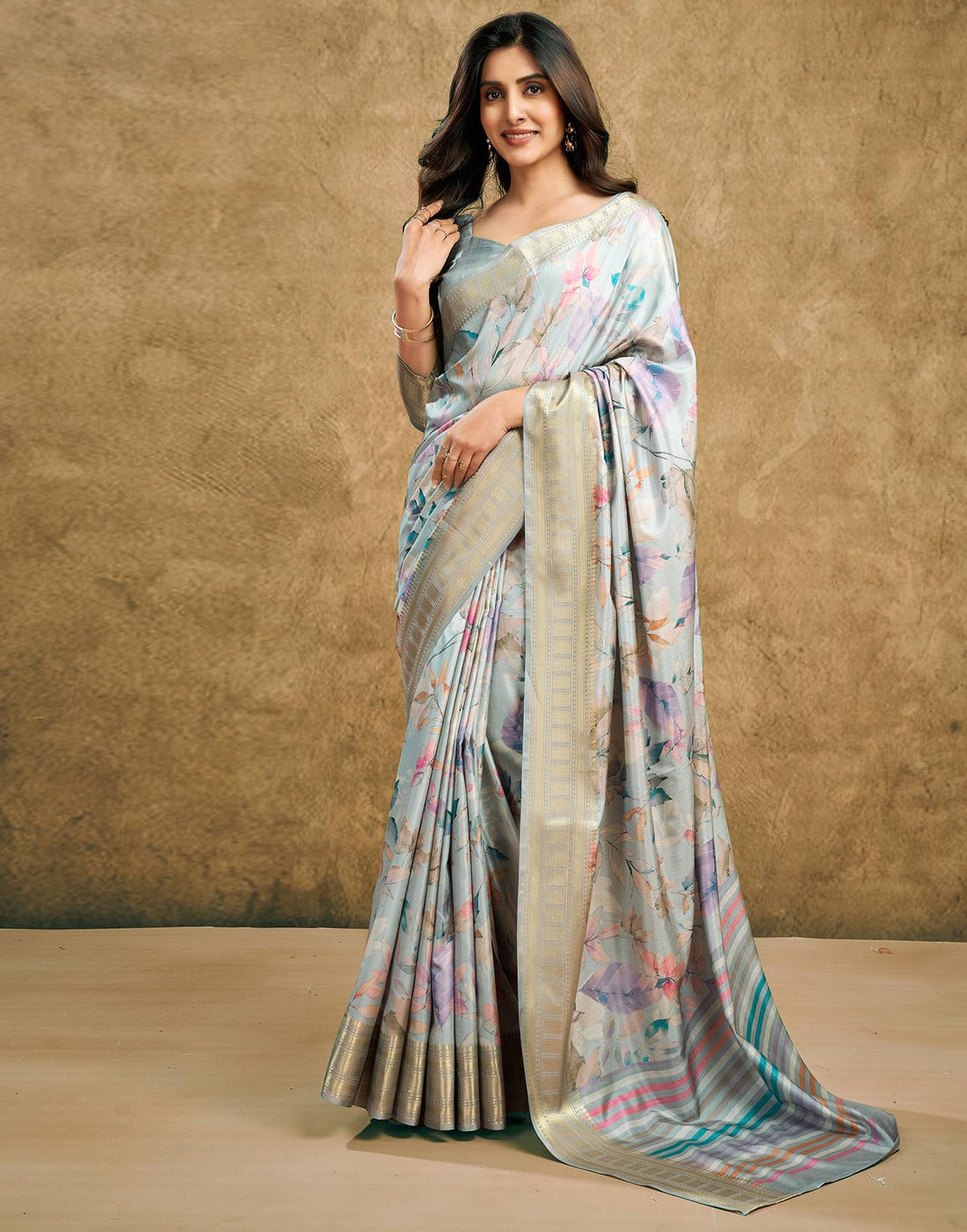 Grey Printed Silk Saree