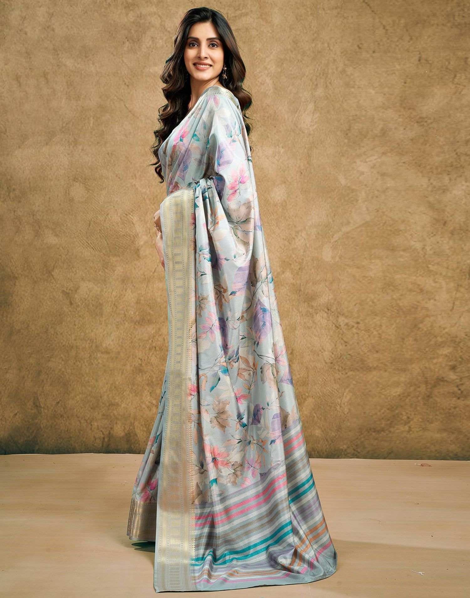 Grey Printed Silk Saree