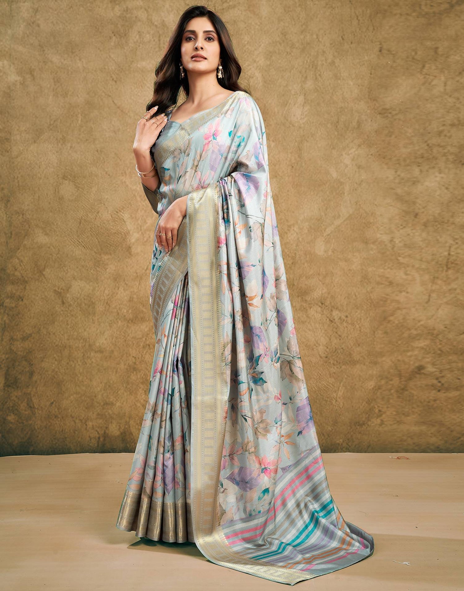 Grey Printed Silk Saree