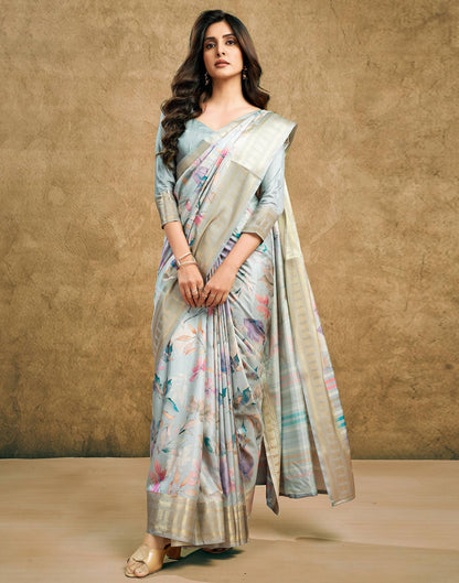 Grey Printed Silk Saree