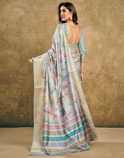 Grey Printed Silk Saree