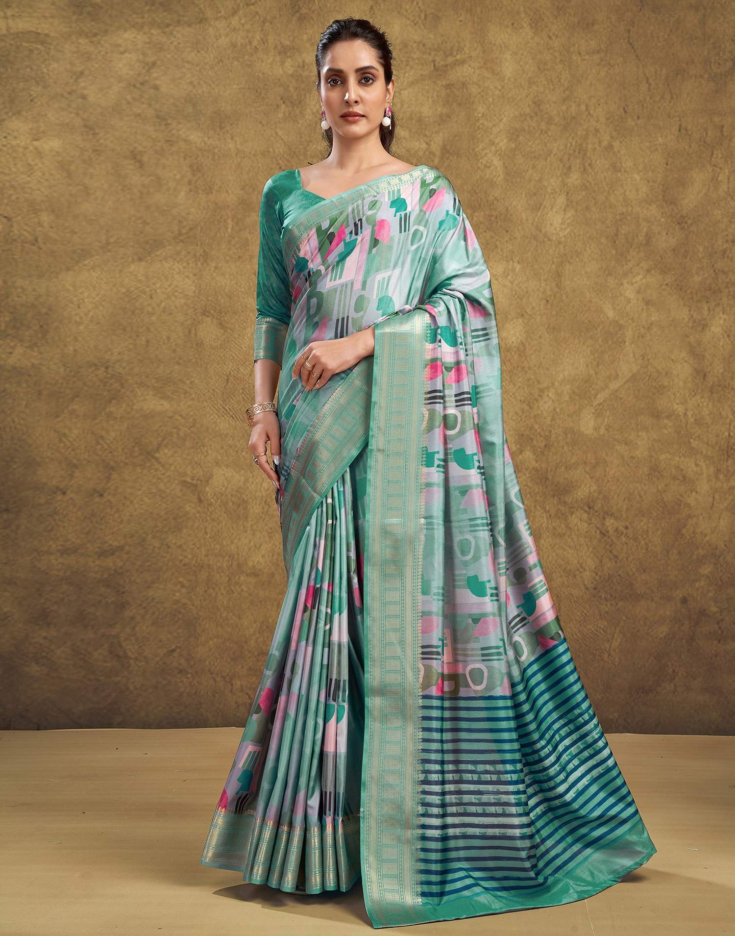 Turquoise Printed Silk Saree