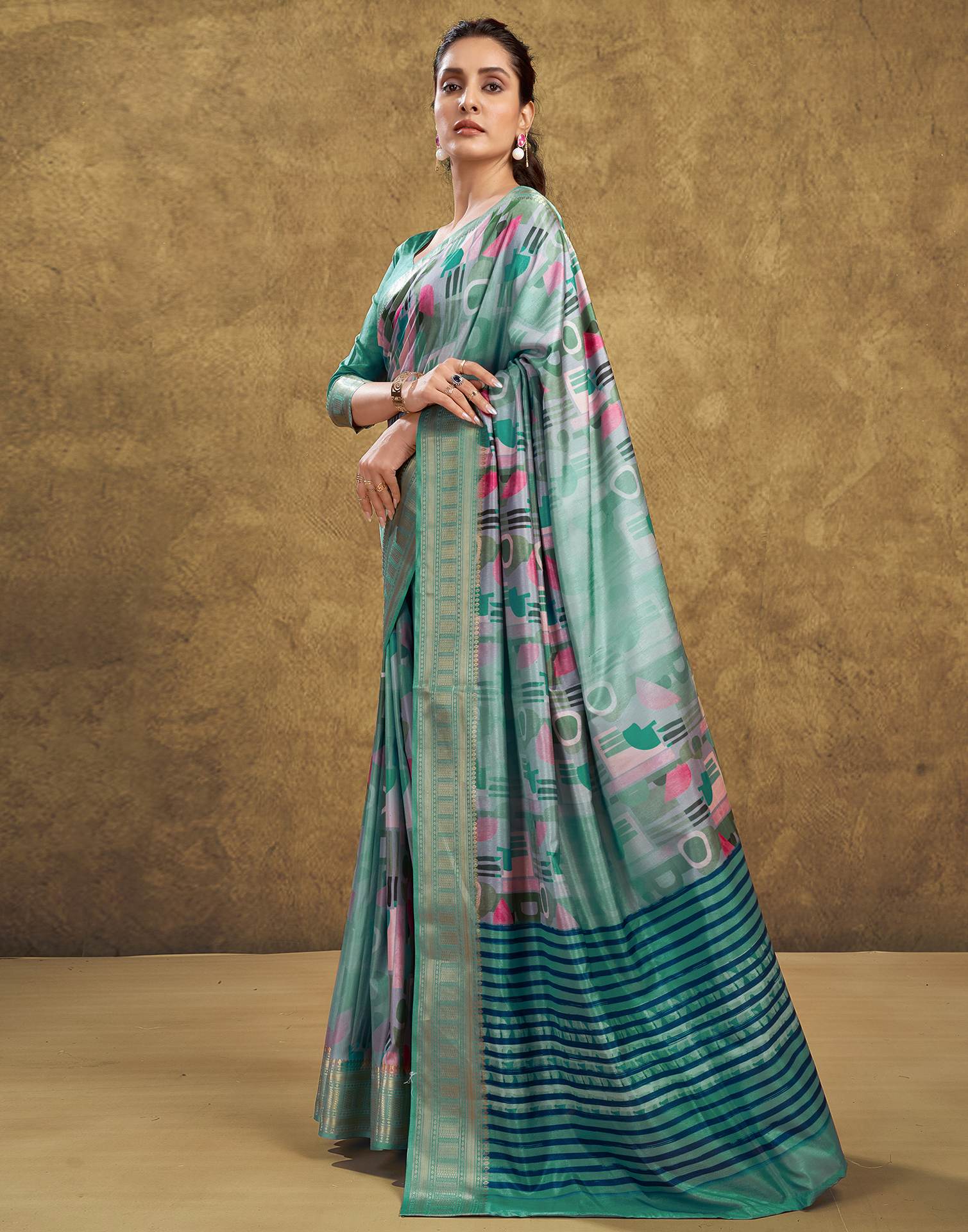 Turquoise Printed Silk Saree