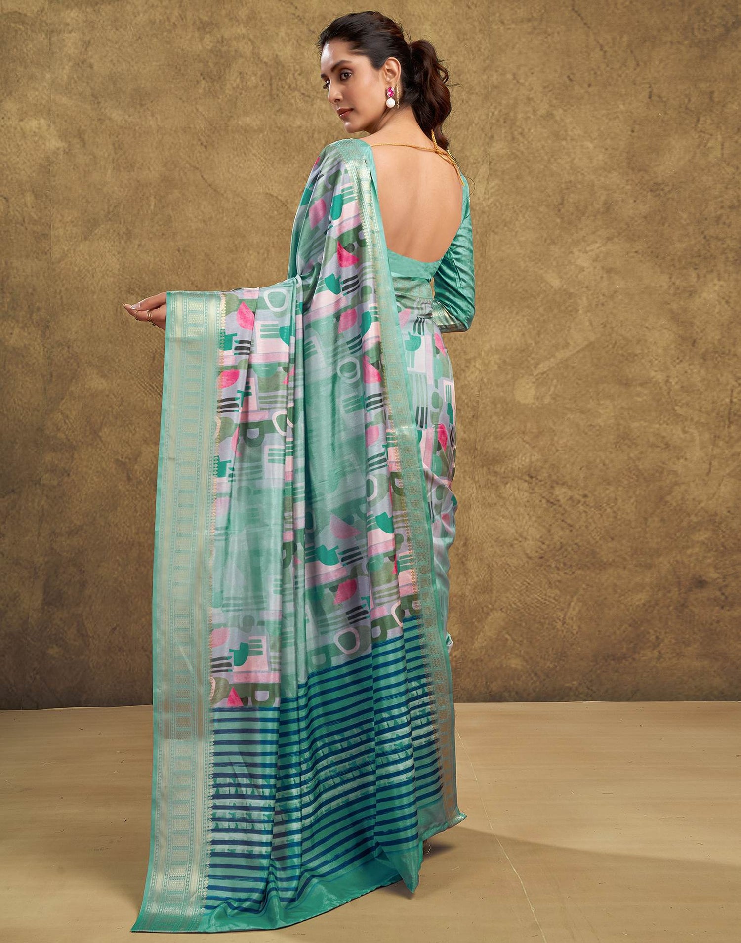 Turquoise Printed Silk Saree