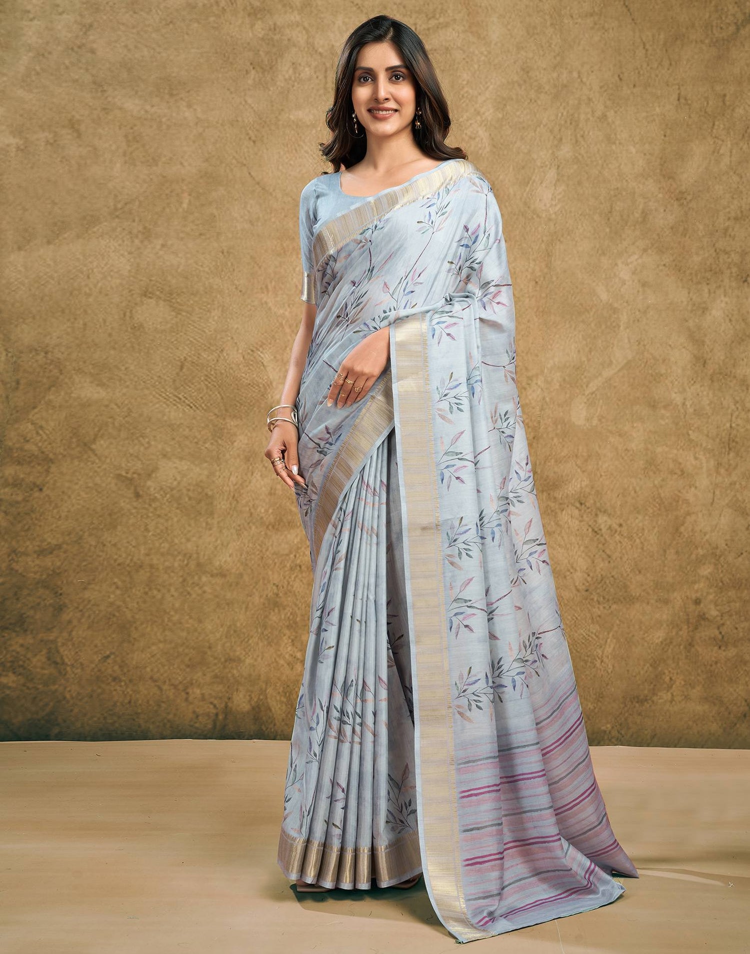 Still Grey Printed Chanderi Saree