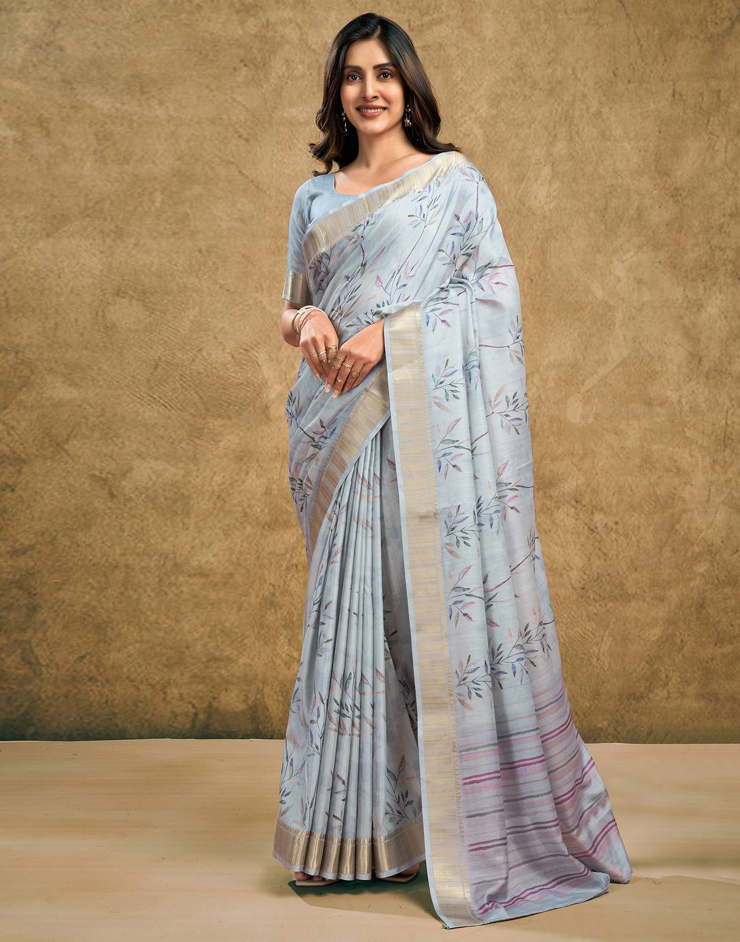 Still Grey Printed Chanderi Saree