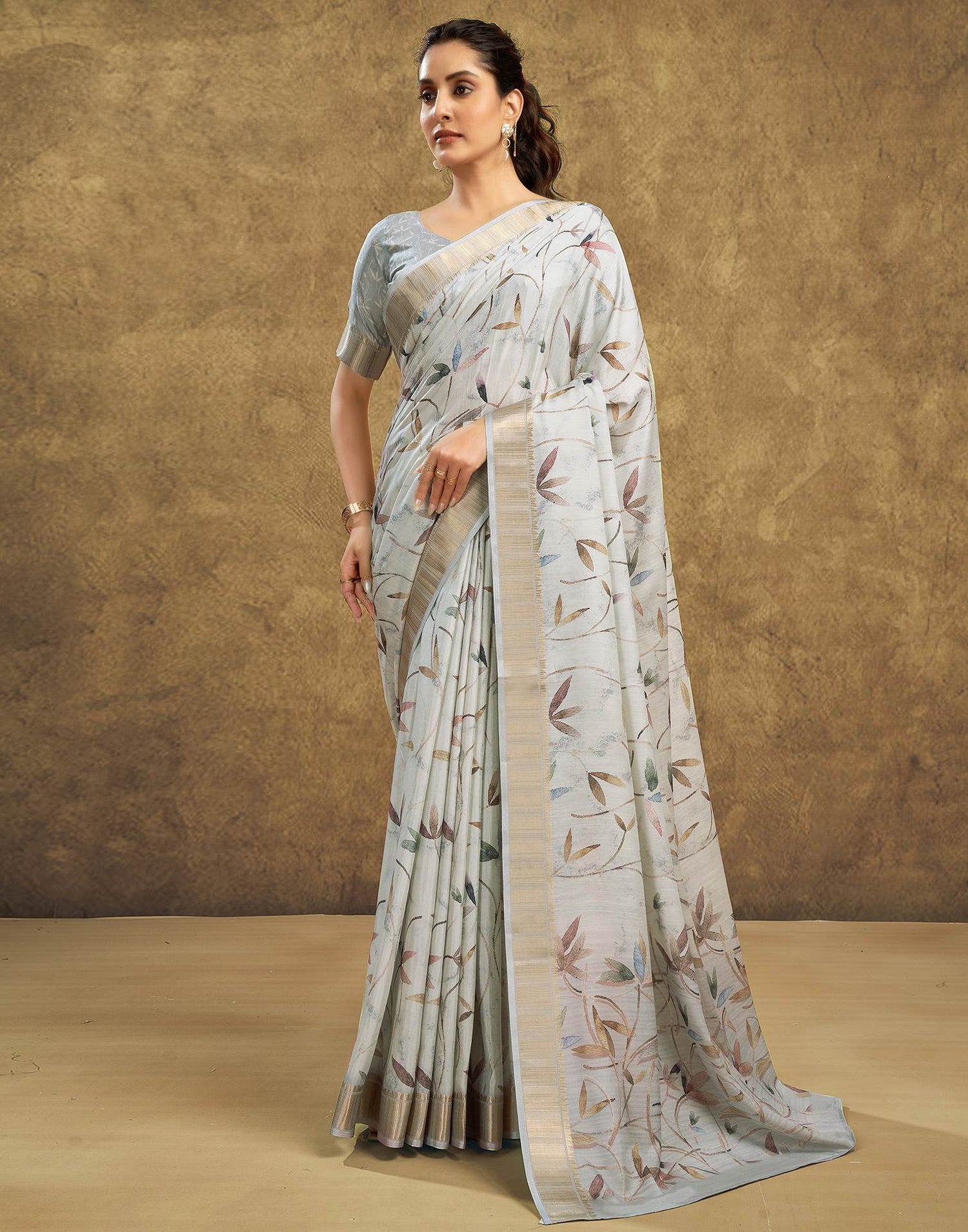 Light Beige Printed Chanderi Saree