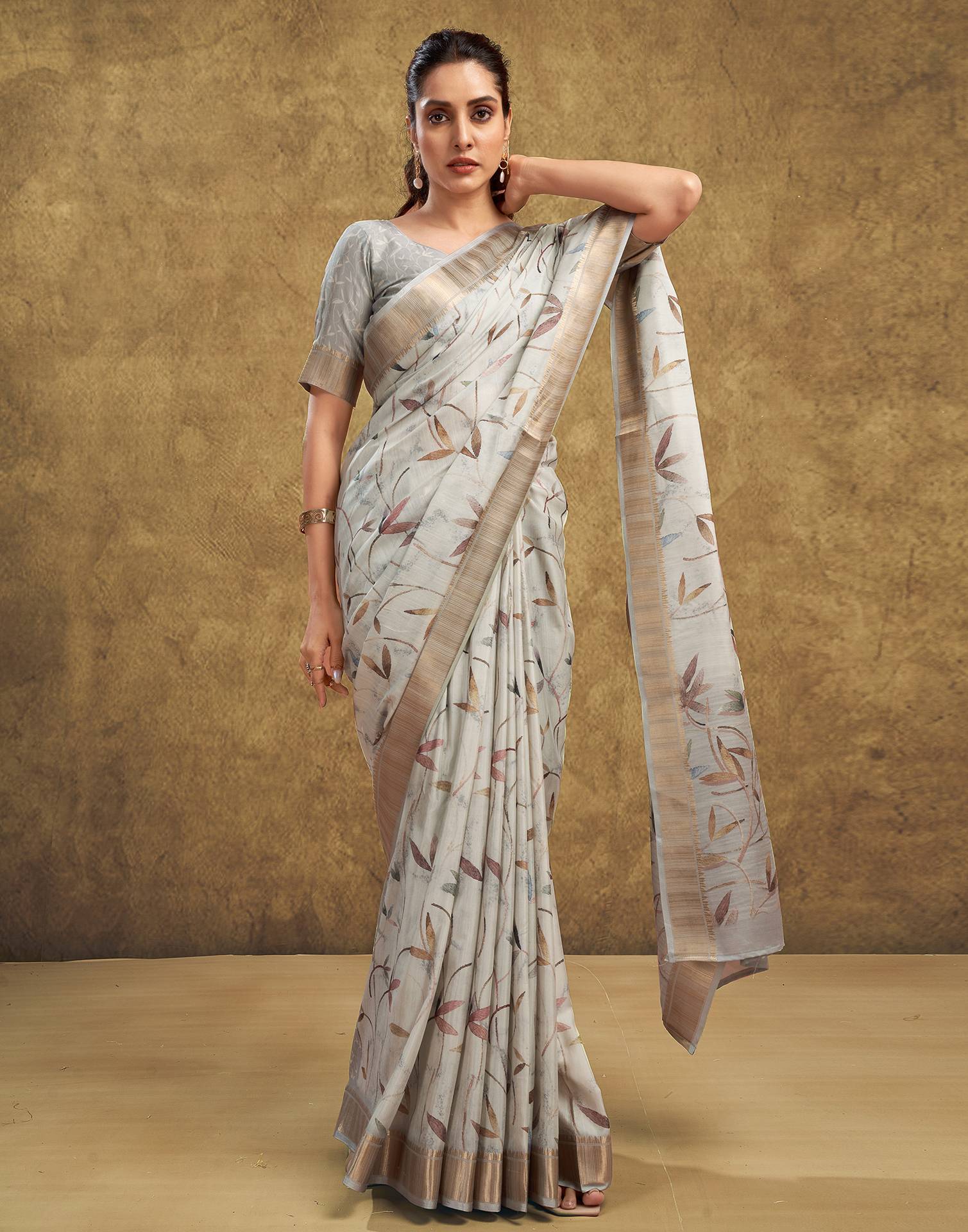 Light Beige Printed Chanderi Saree