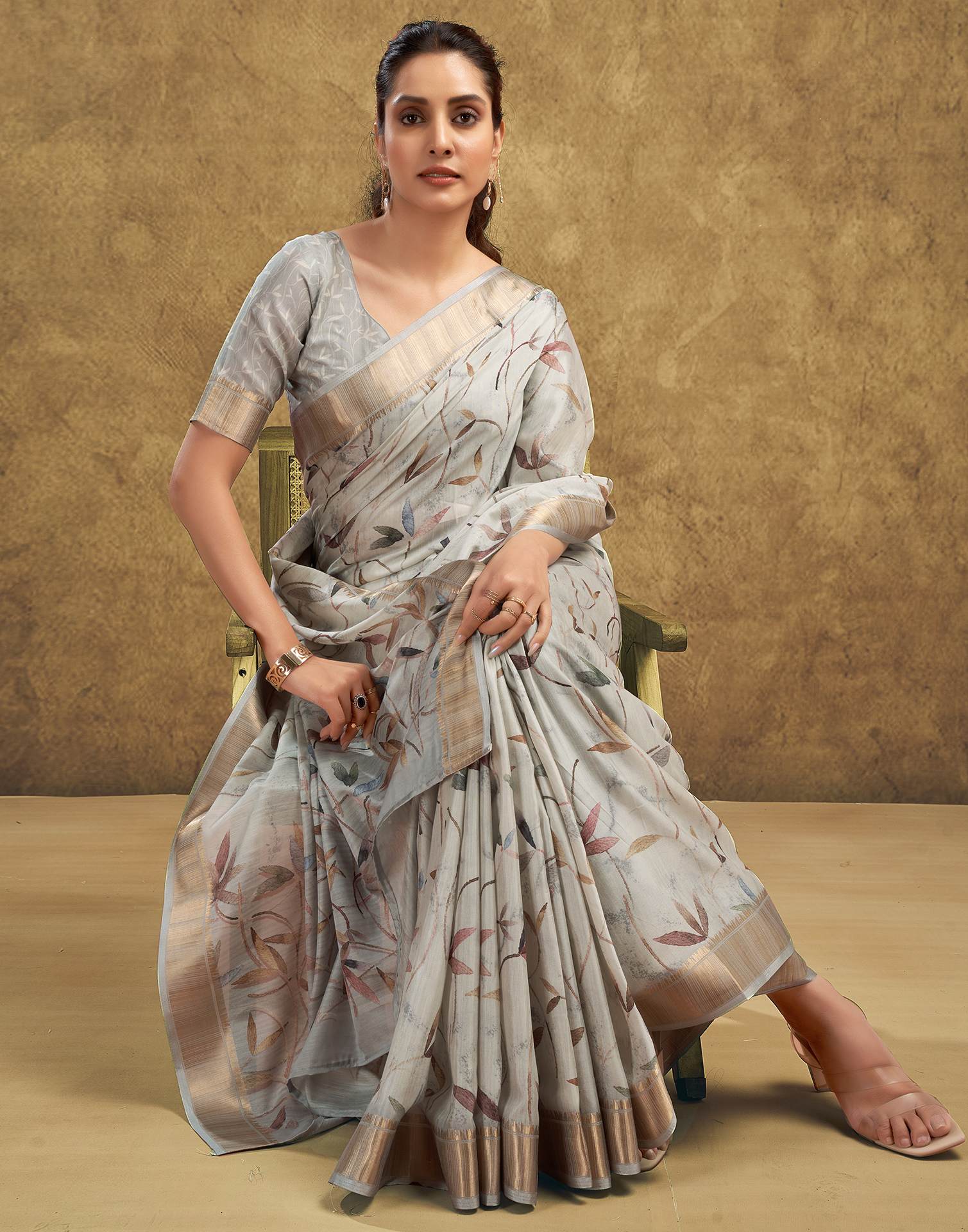 Light Beige Printed Chanderi Saree