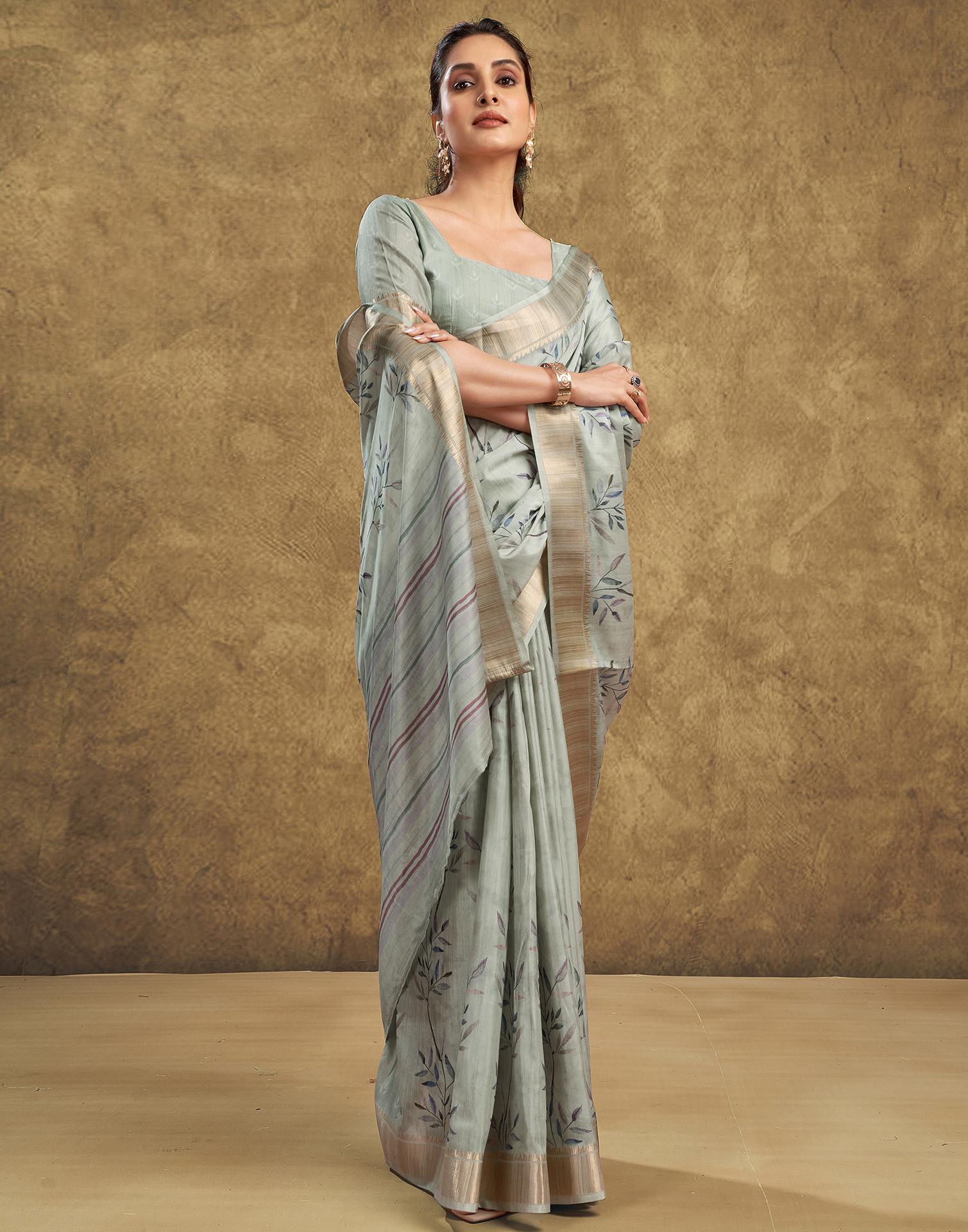 Dusty Green Printed Chanderi Saree