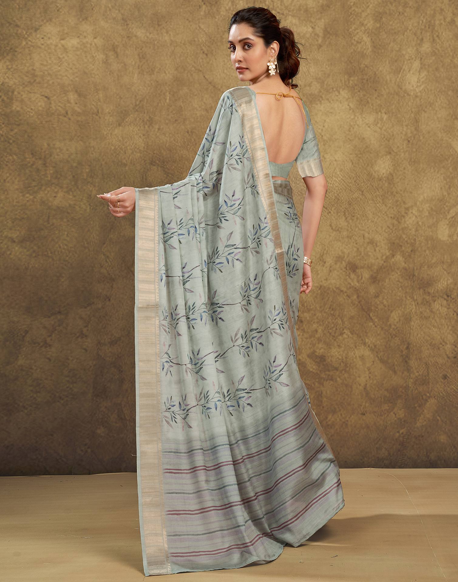 Dusty Green Printed Chanderi Saree