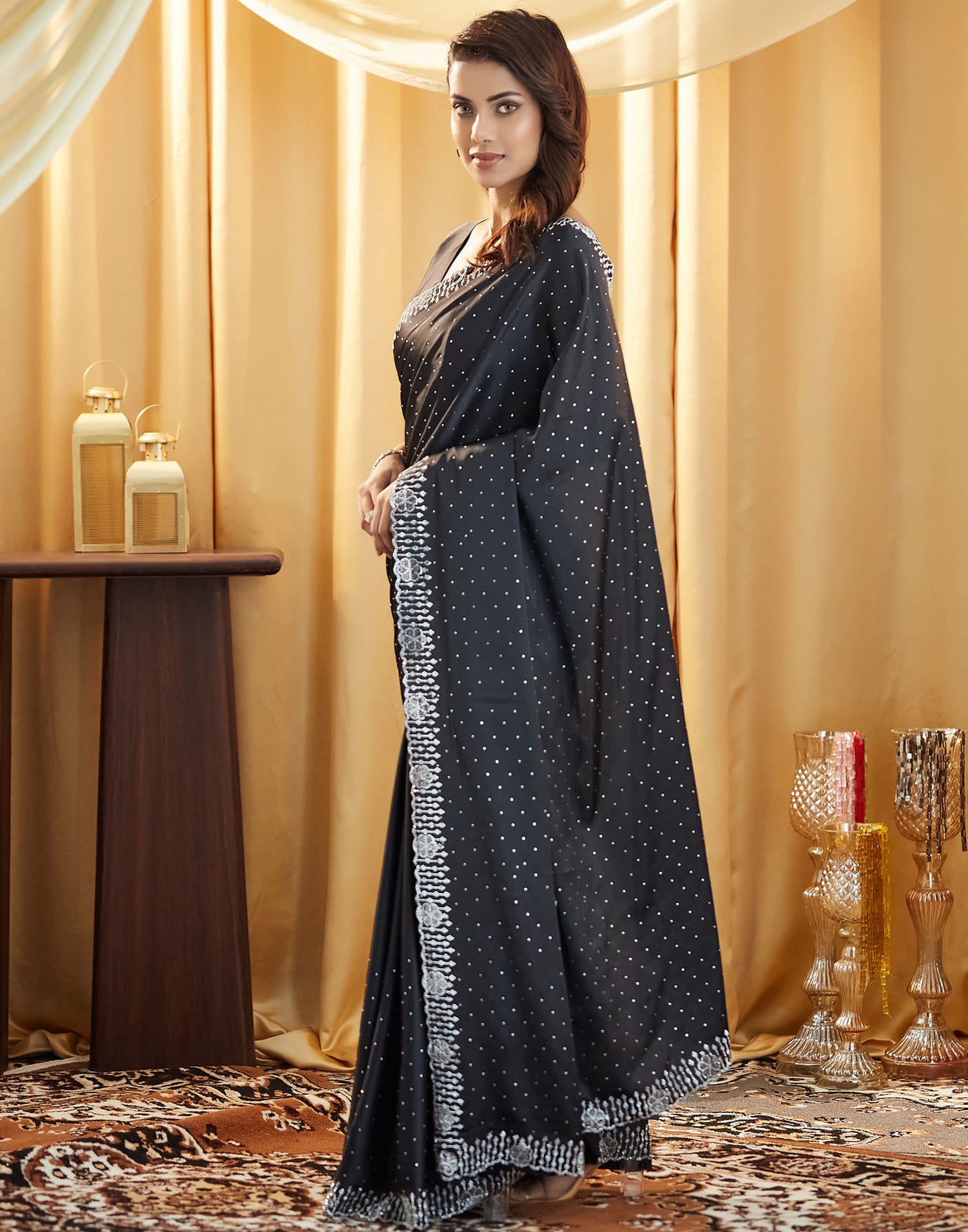 Black Satin Stone Work Swarovski Saree