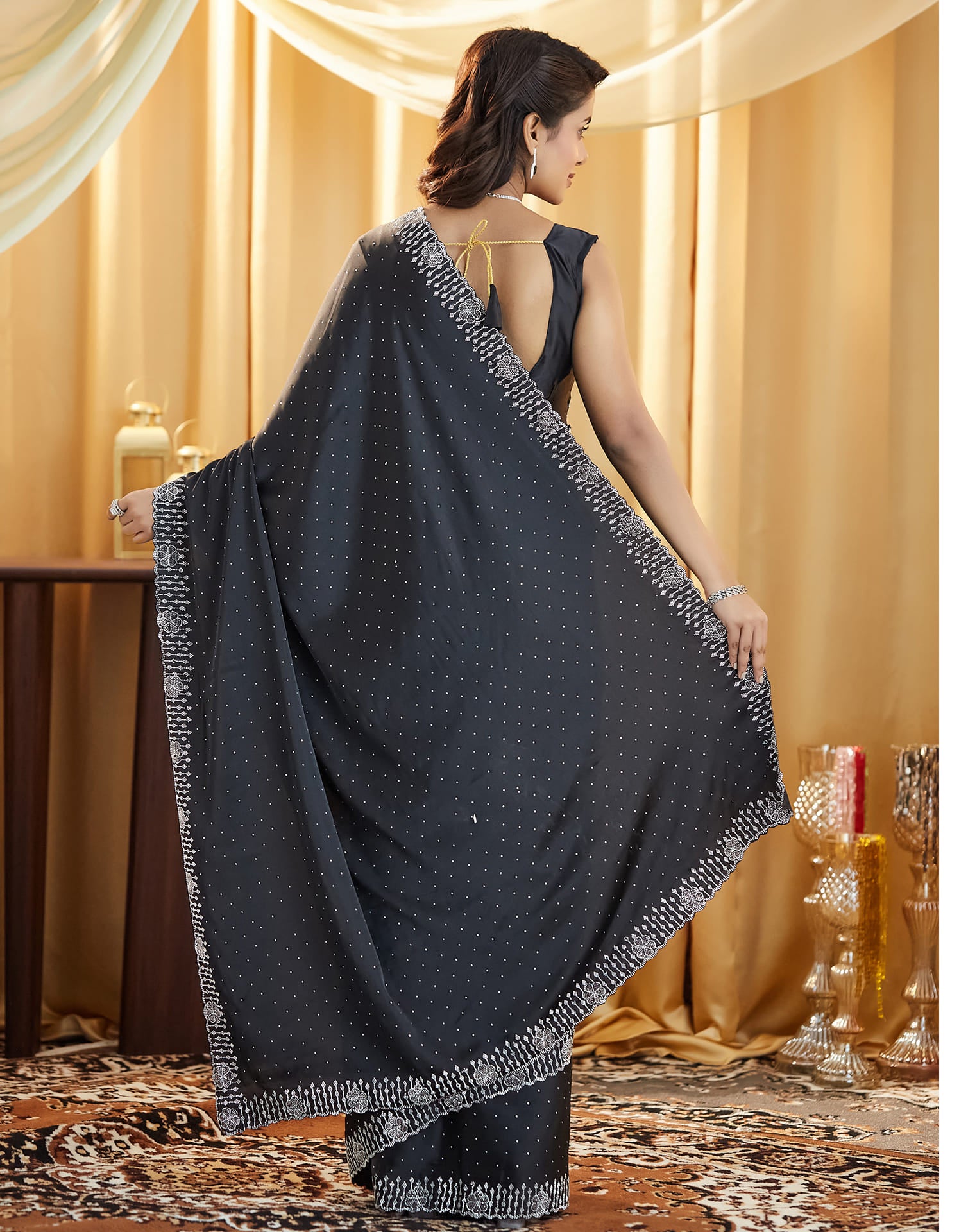 Black Satin Stone Work Swarovski Saree