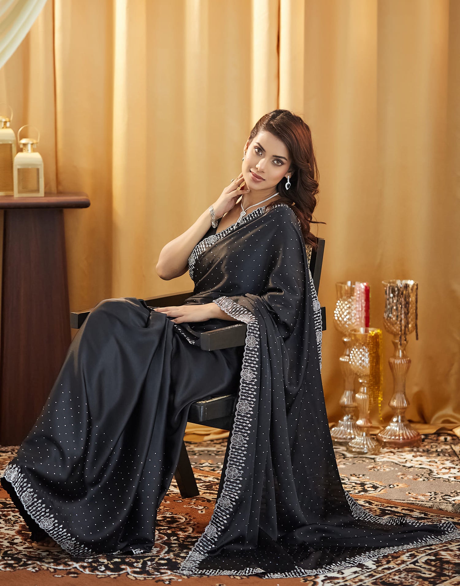 Black Satin Stone Work Swarovski Saree