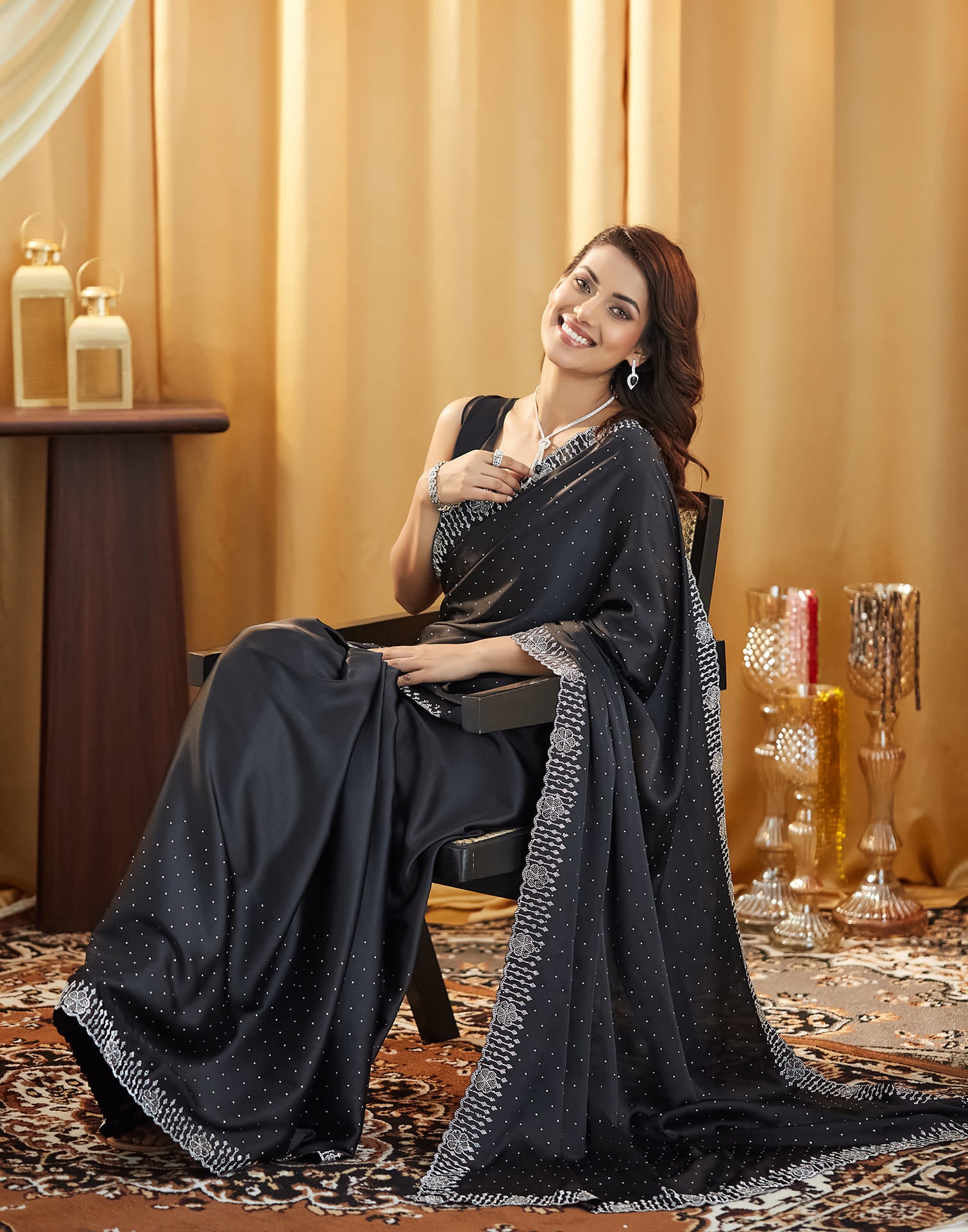 Black Satin Stone Work Swarovski Saree