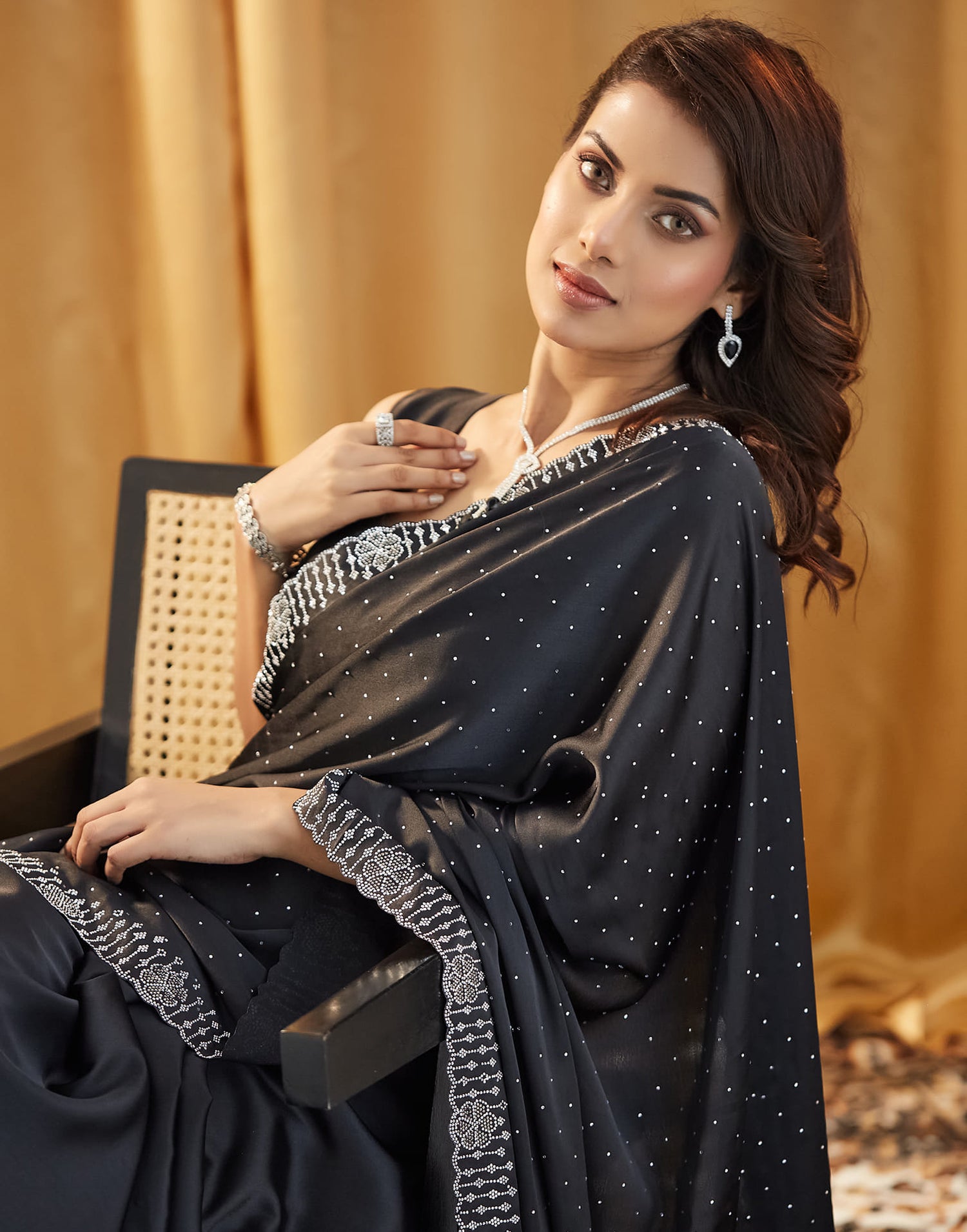 Black Satin Stone Work Swarovski Saree