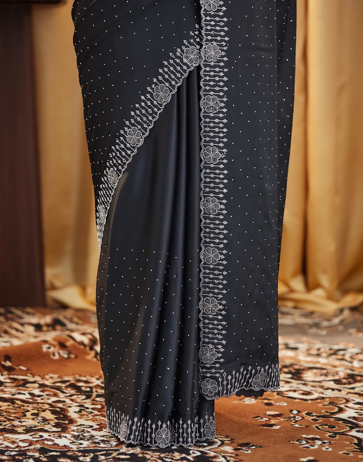 Black Satin Stone Work Swarovski Saree