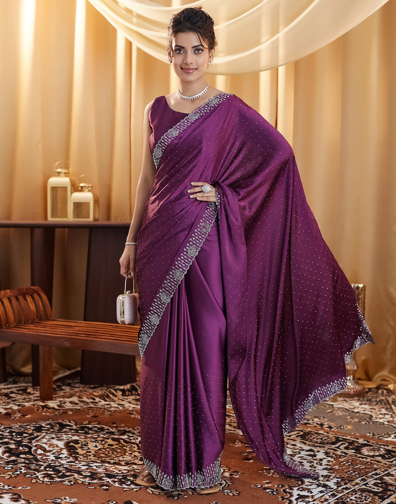 Dark Purple Satin Stone Work Swarovski Saree