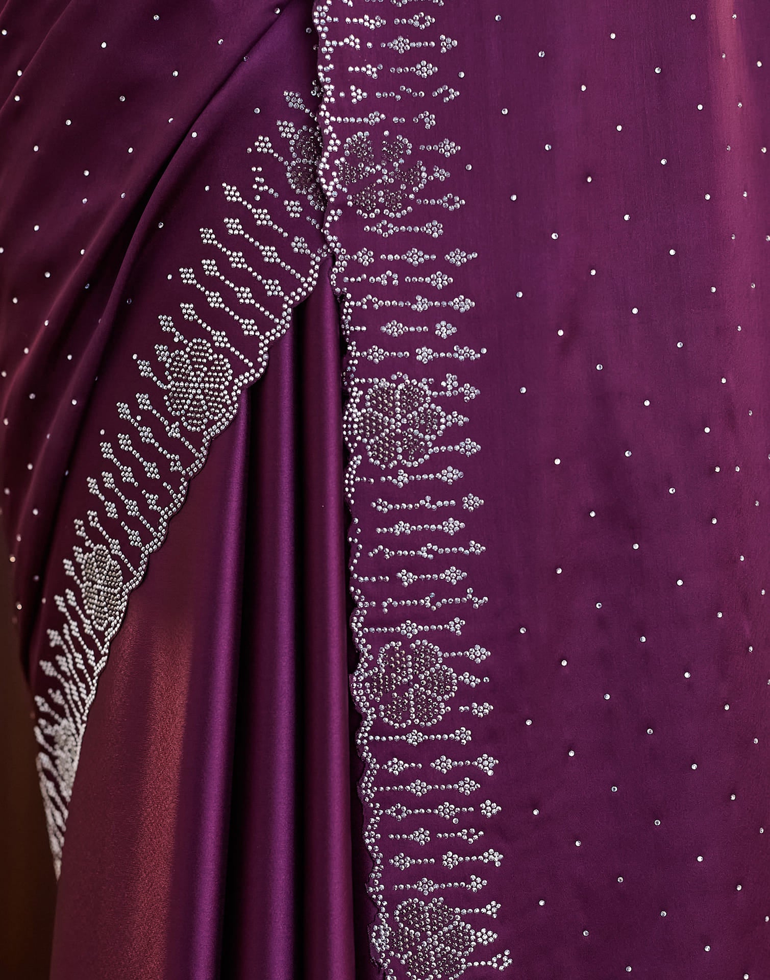 Dark Purple Satin Stone Work Swarovski Saree