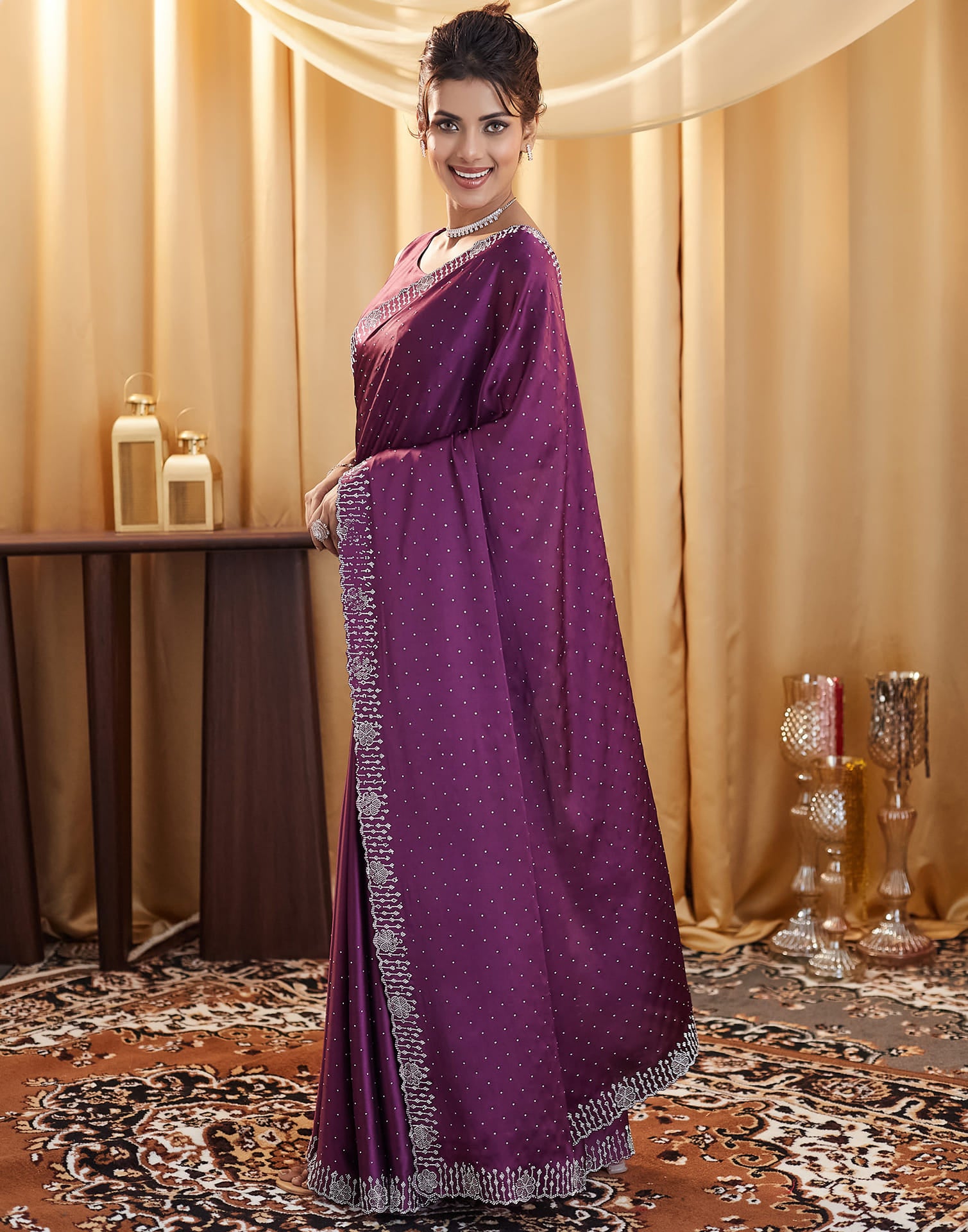 Dark Purple Satin Stone Work Swarovski Saree