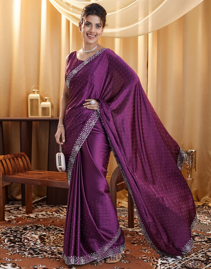 Dark Purple Satin Stone Work Swarovski Saree