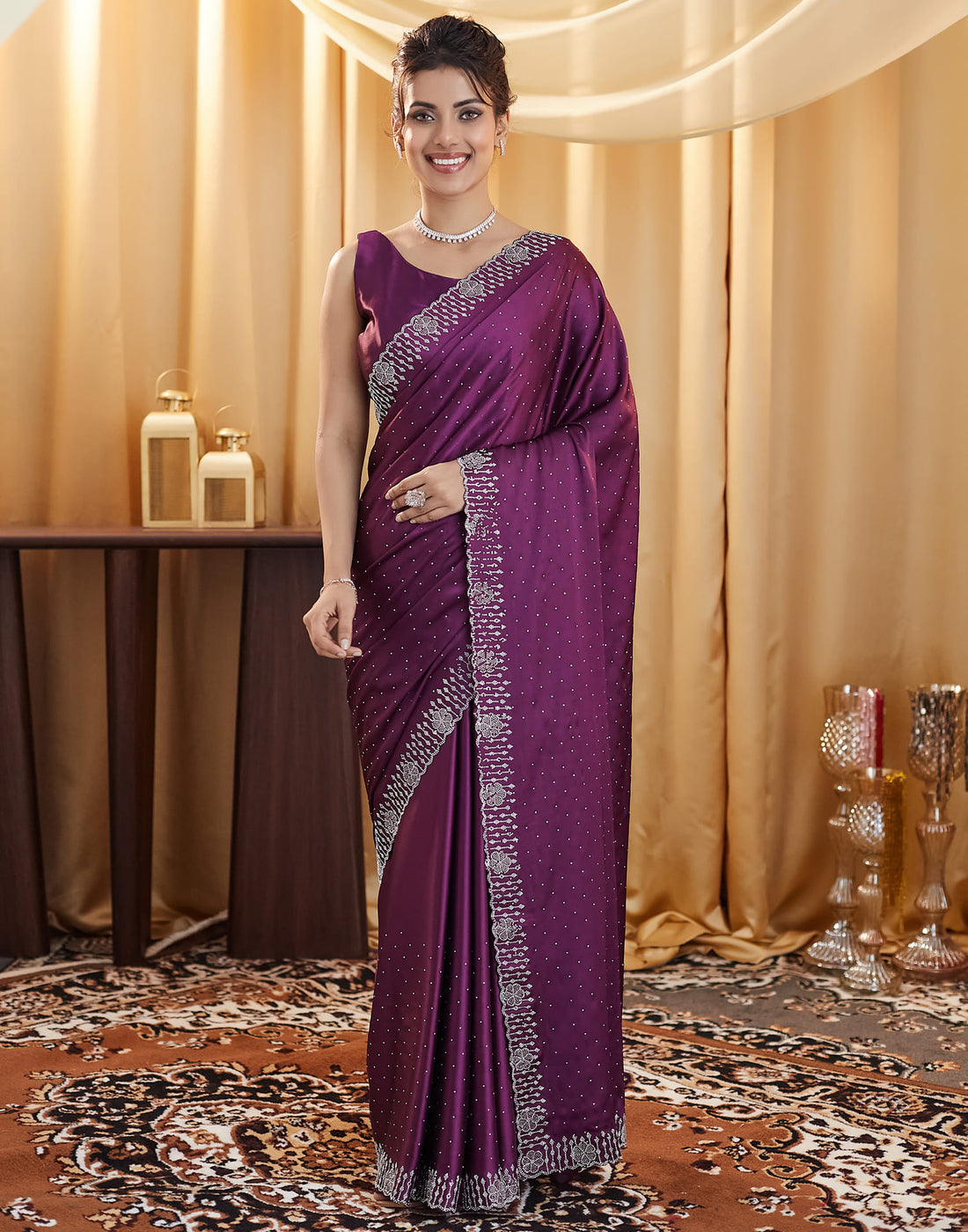 Purple Satin Swarovski Embellished Saree