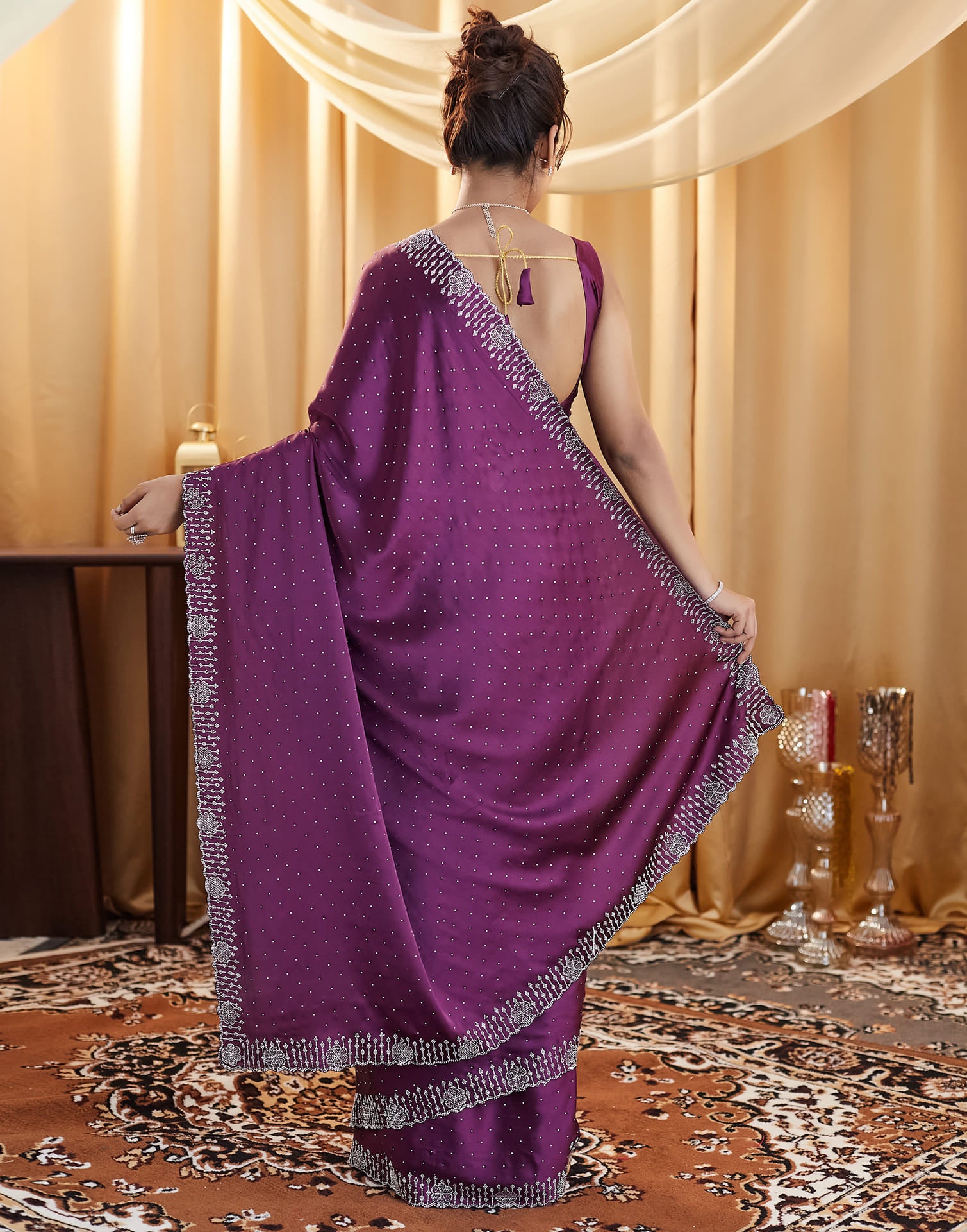 Dark Purple Satin Stone Work Swarovski Saree