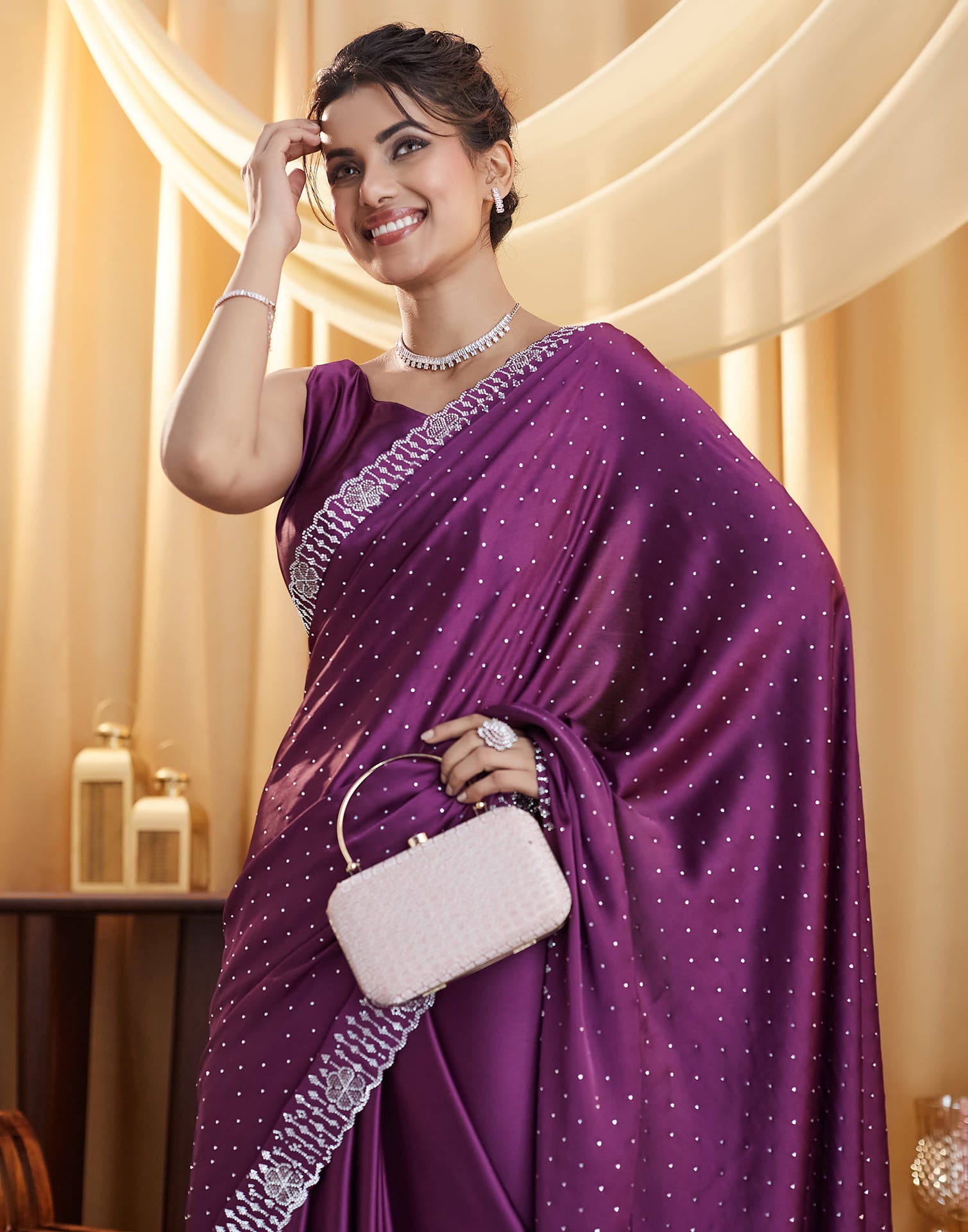 Dark Purple Satin Stone Work Swarovski Saree