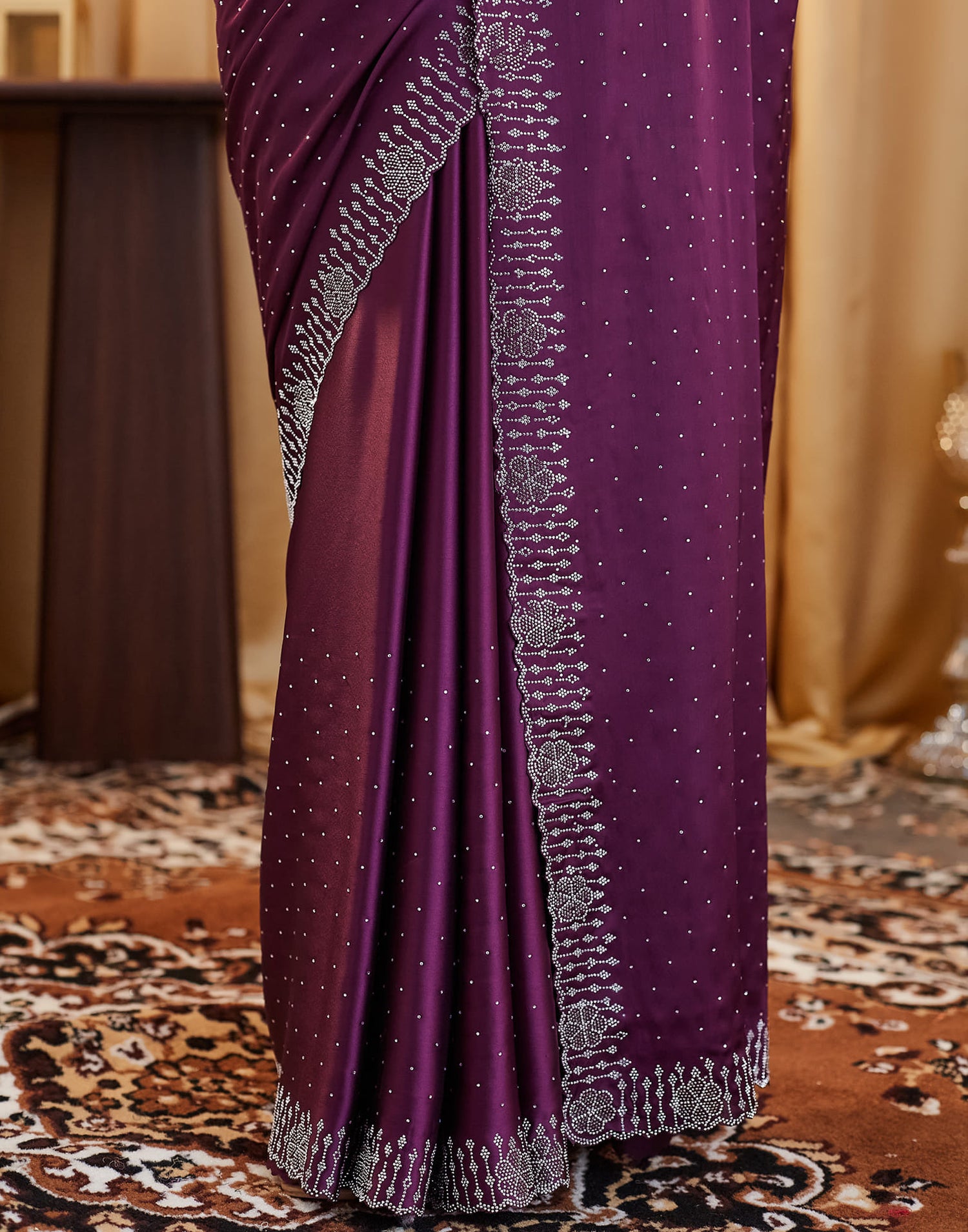 Dark Purple Satin Stone Work Swarovski Saree