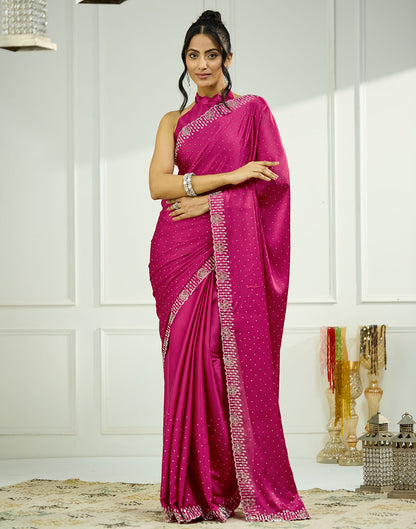 Dark Pink Satin Stone Work Swarovski Saree