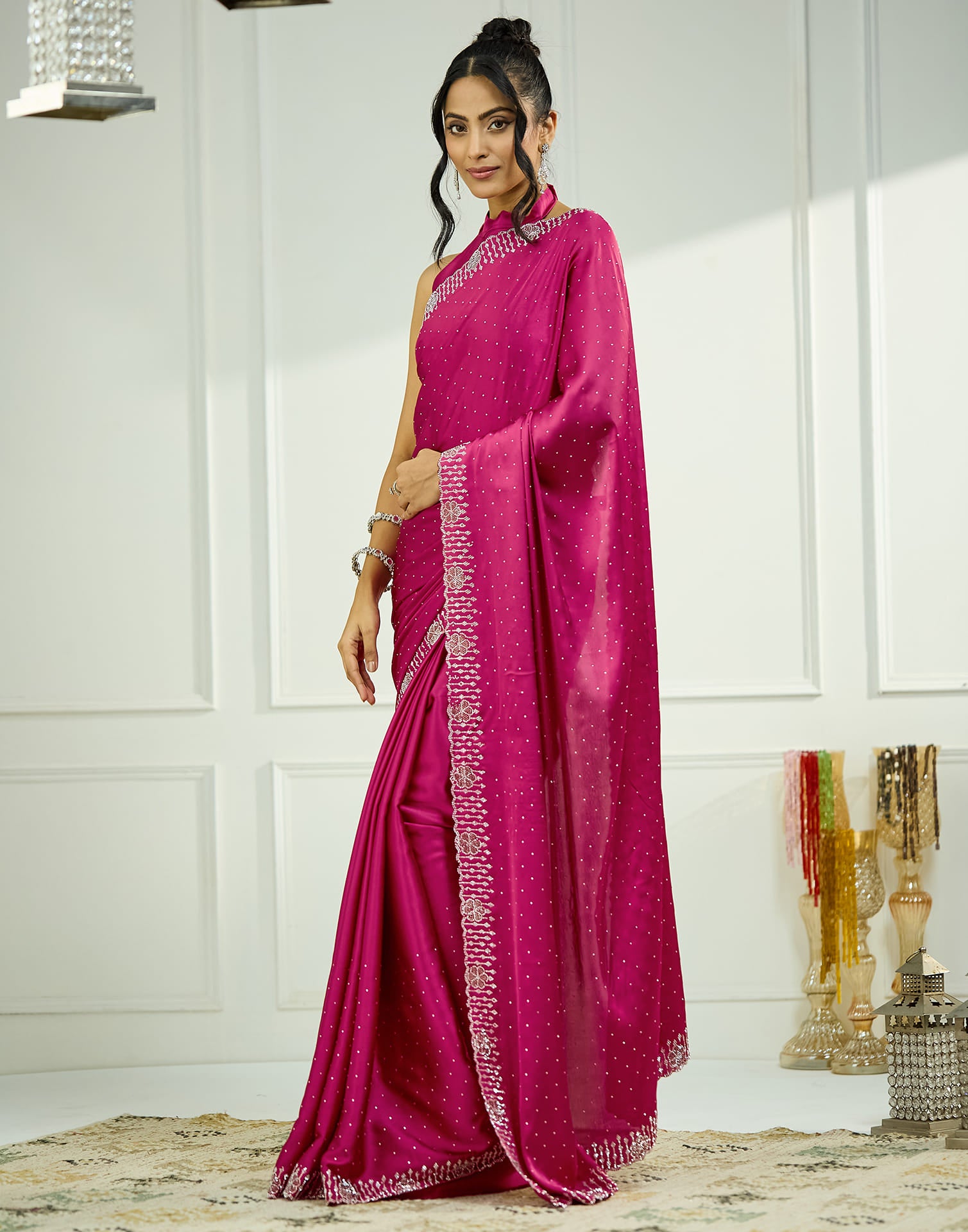 Dark Pink Satin Stone Work Swarovski Saree