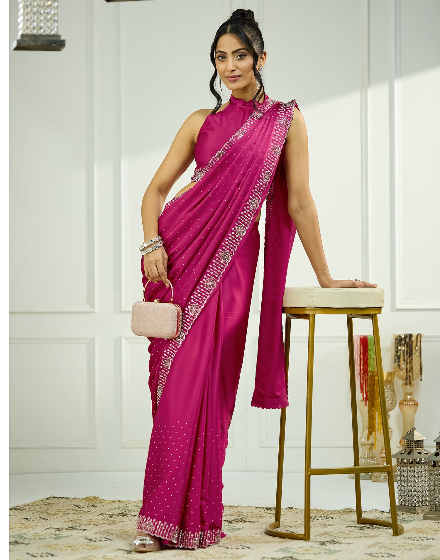 Dark Pink Satin Stone Work Swarovski Saree