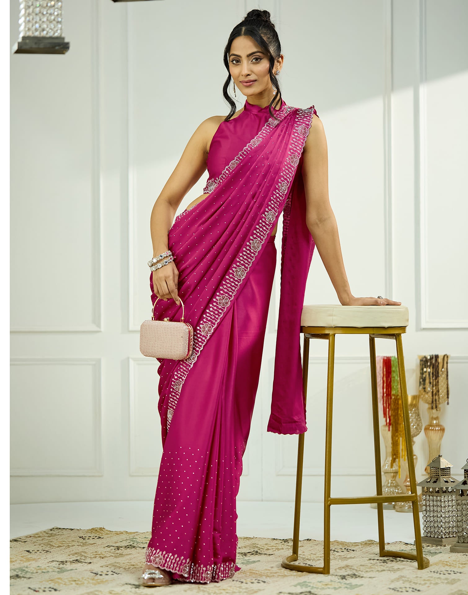 Pink Satin Swarovski Embellished Saree