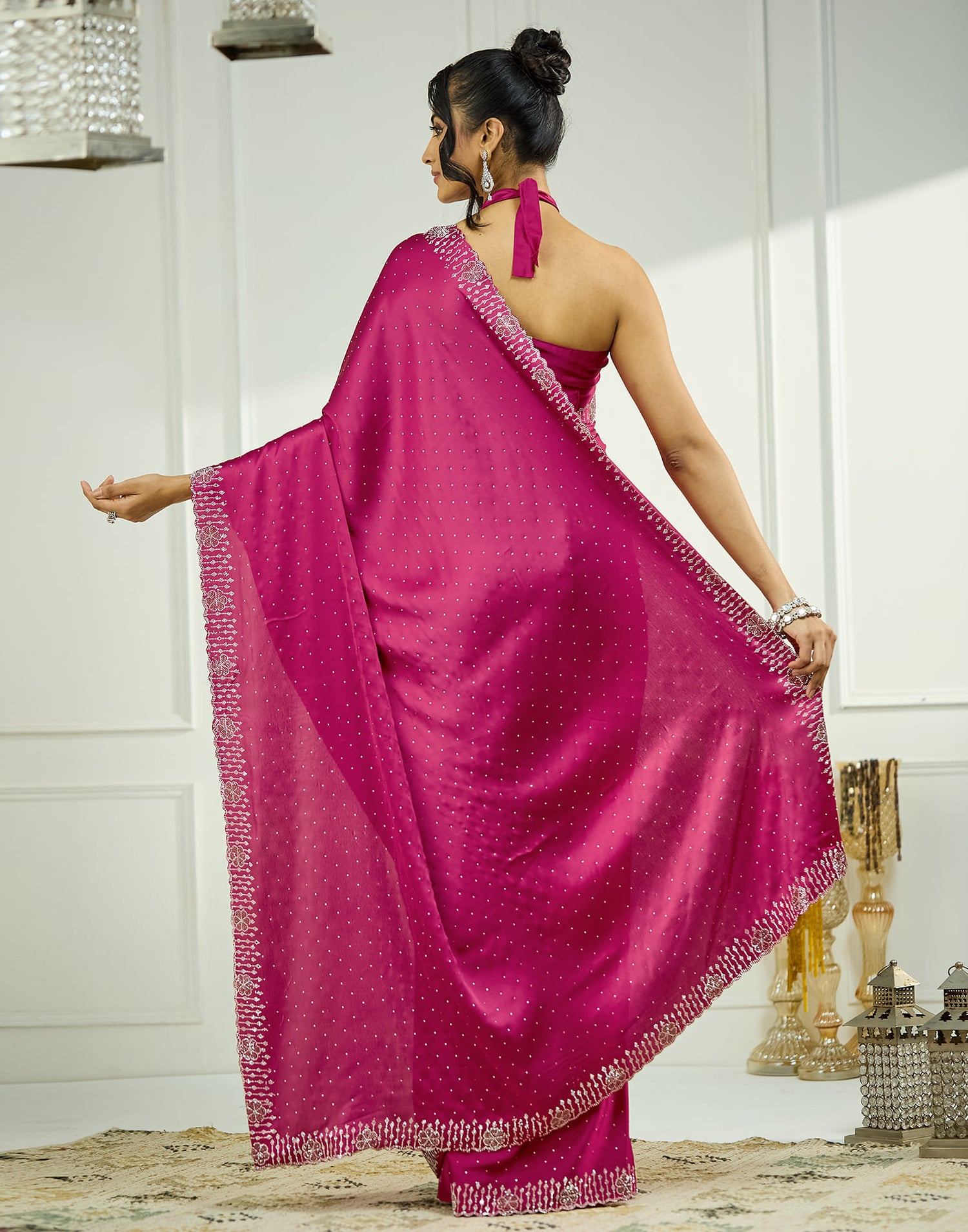 Dark Pink Satin Stone Work Swarovski Saree