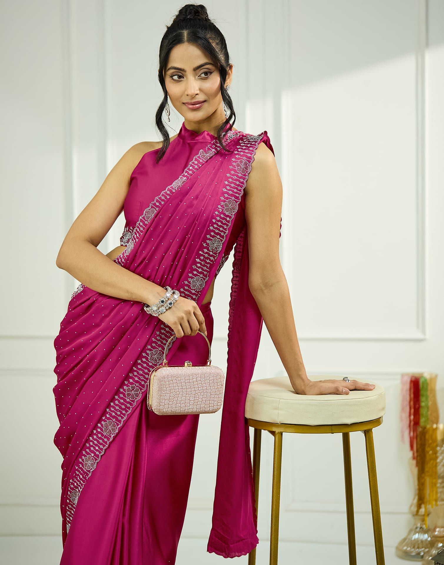 Dark Pink Satin Stone Work Swarovski Saree