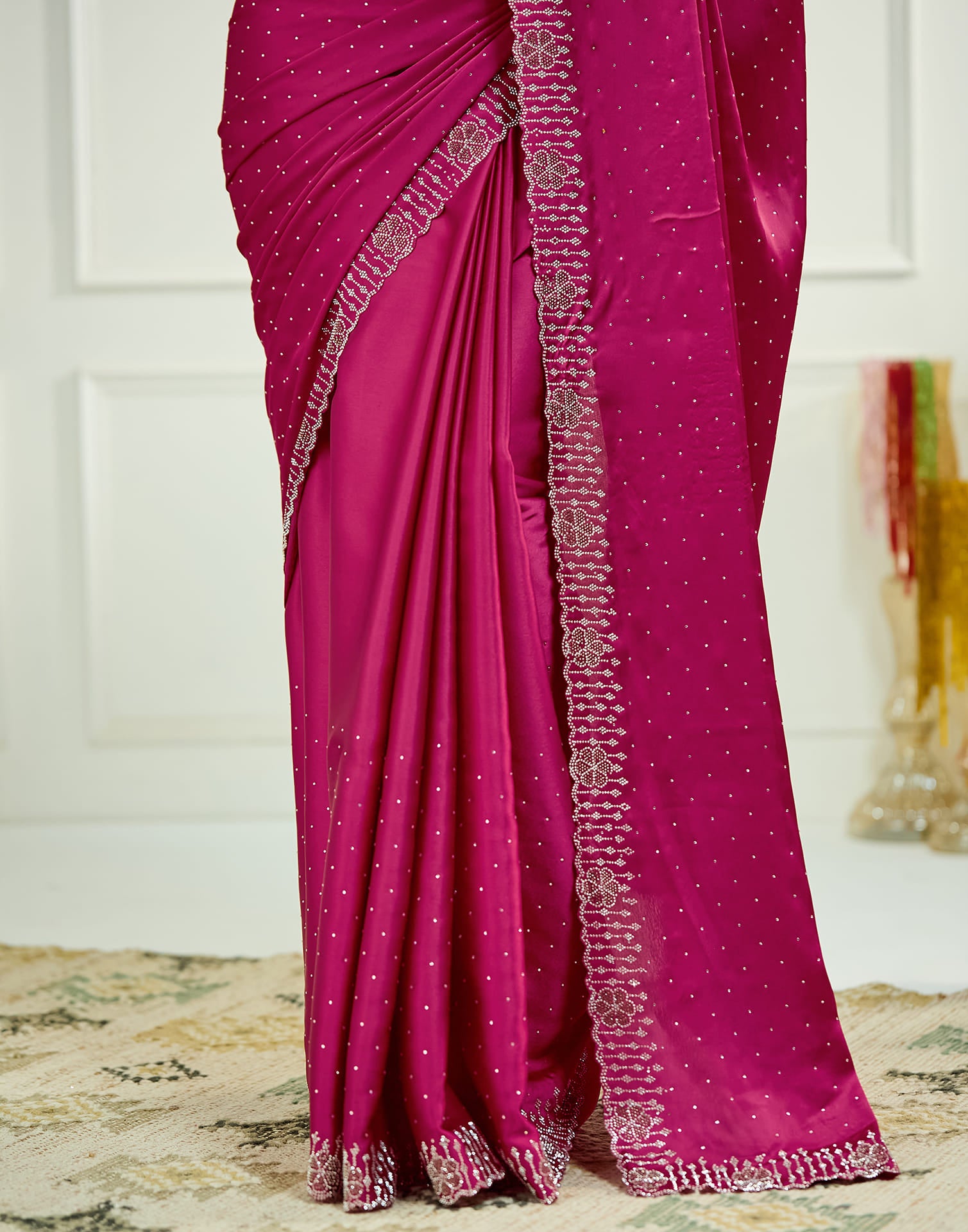 Dark Pink Satin Stone Work Swarovski Saree