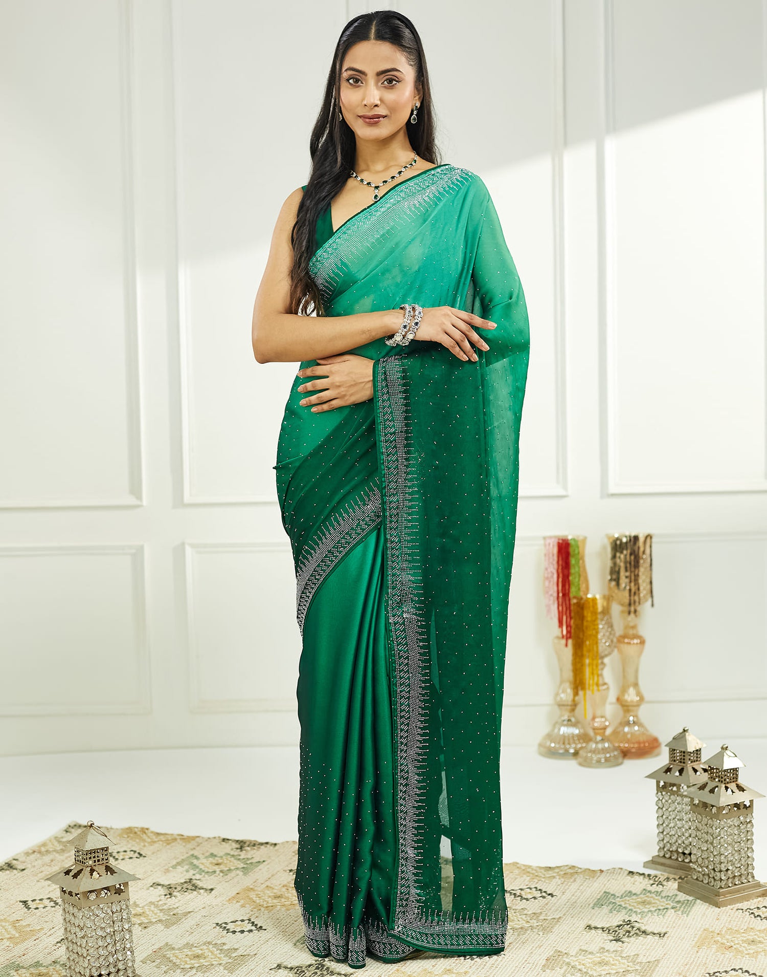 Turquoise Satin Swarovski Embellished Saree