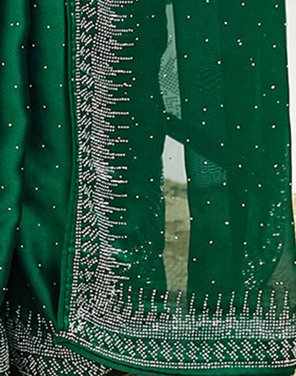 Dark Green Satin Stone Work Swarovski Saree