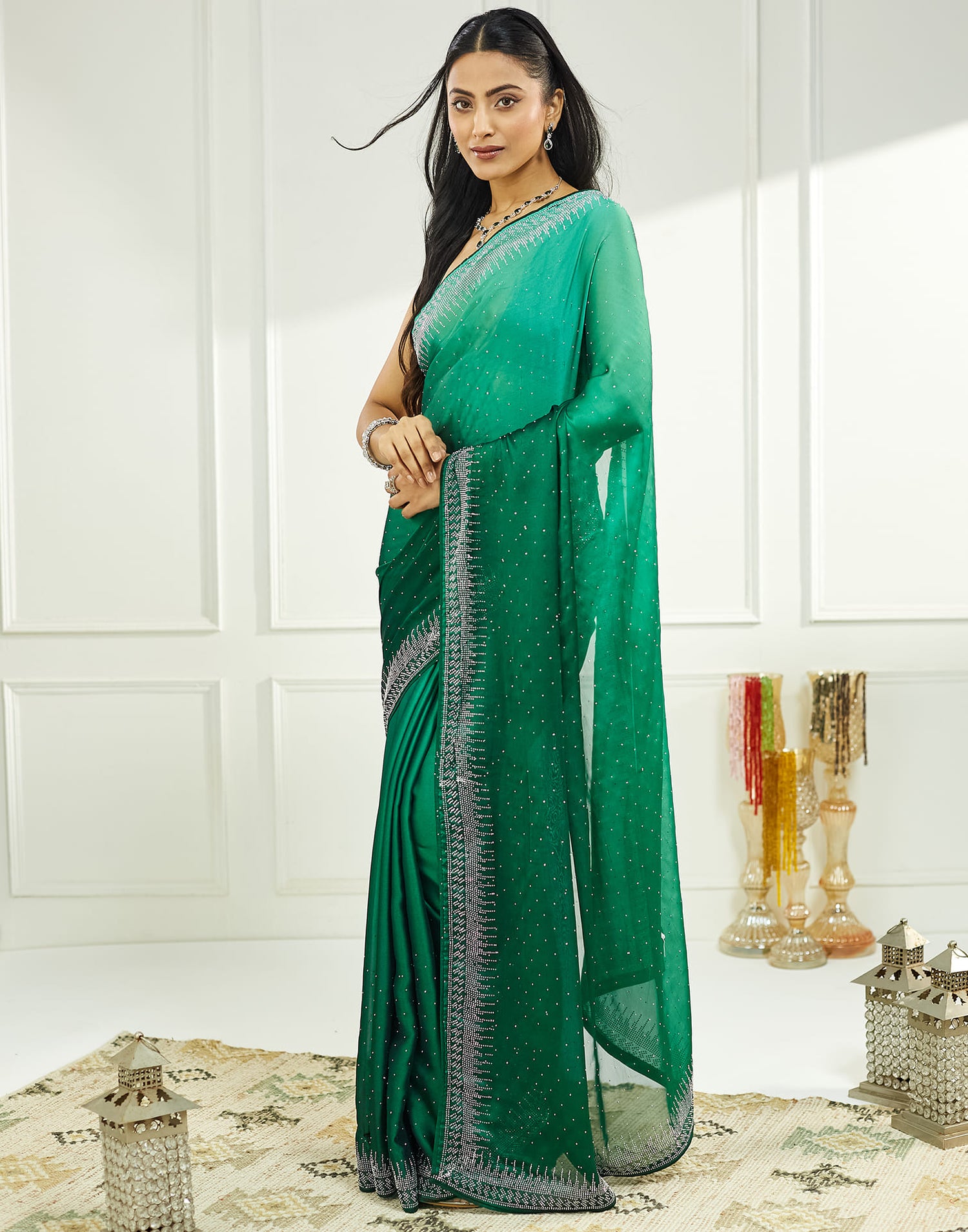 Dark Green Satin Stone Work Swarovski Saree