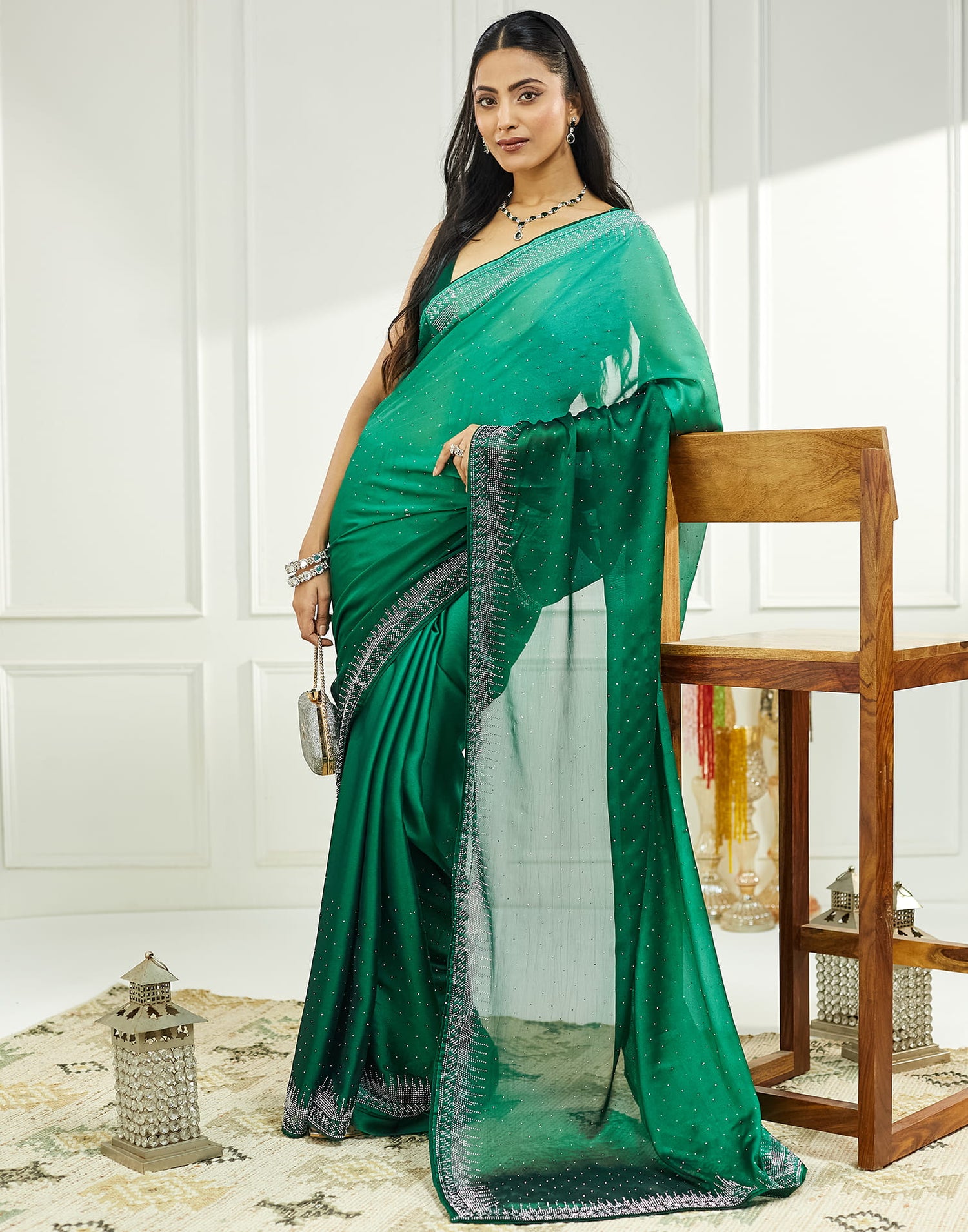 Turquoise Satin Swarovski Embellished Saree