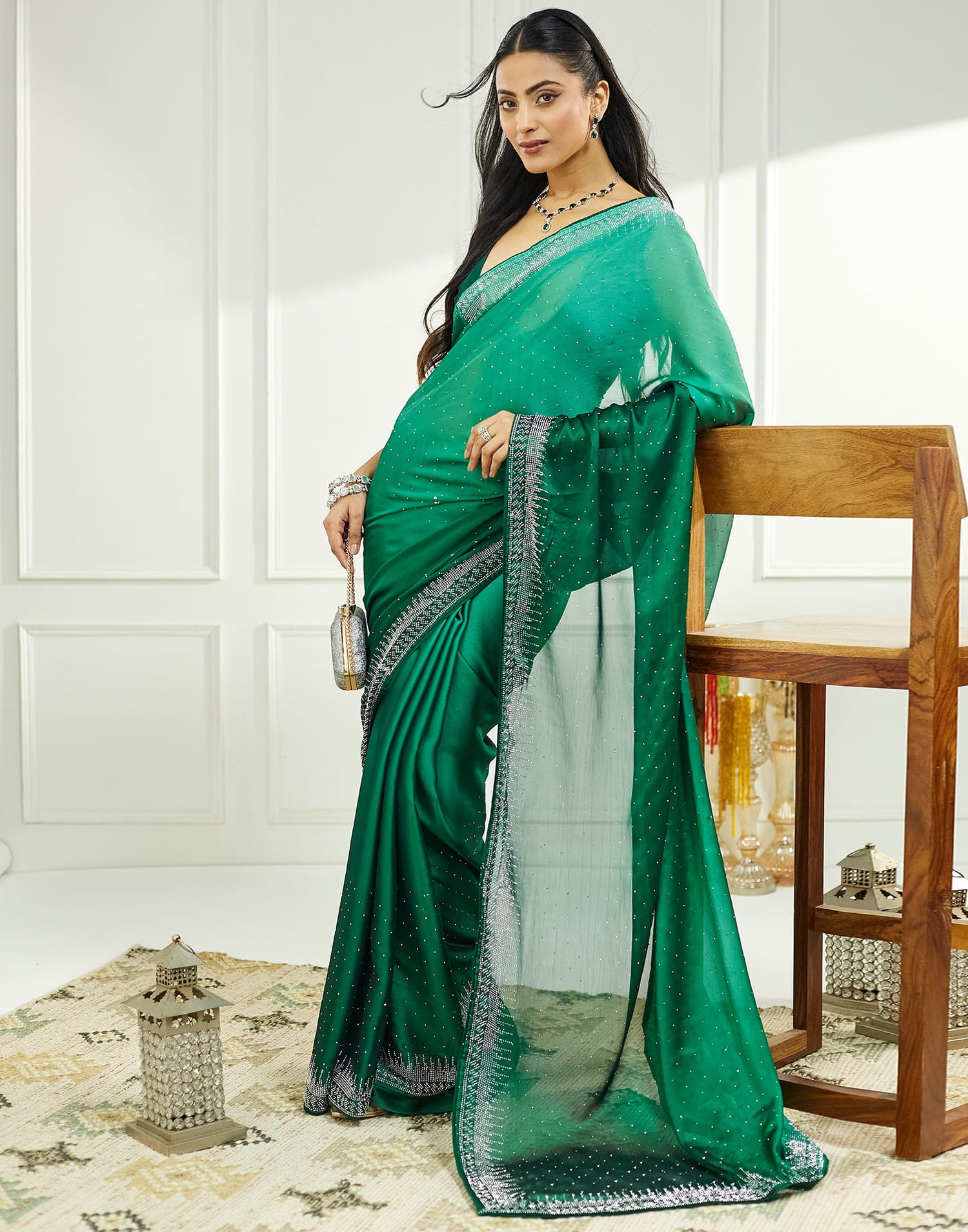 Dark Green Satin Stone Work Swarovski Saree