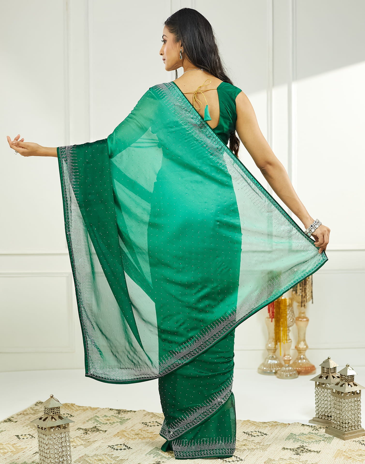 Turquoise Satin Swarovski Embellished Saree