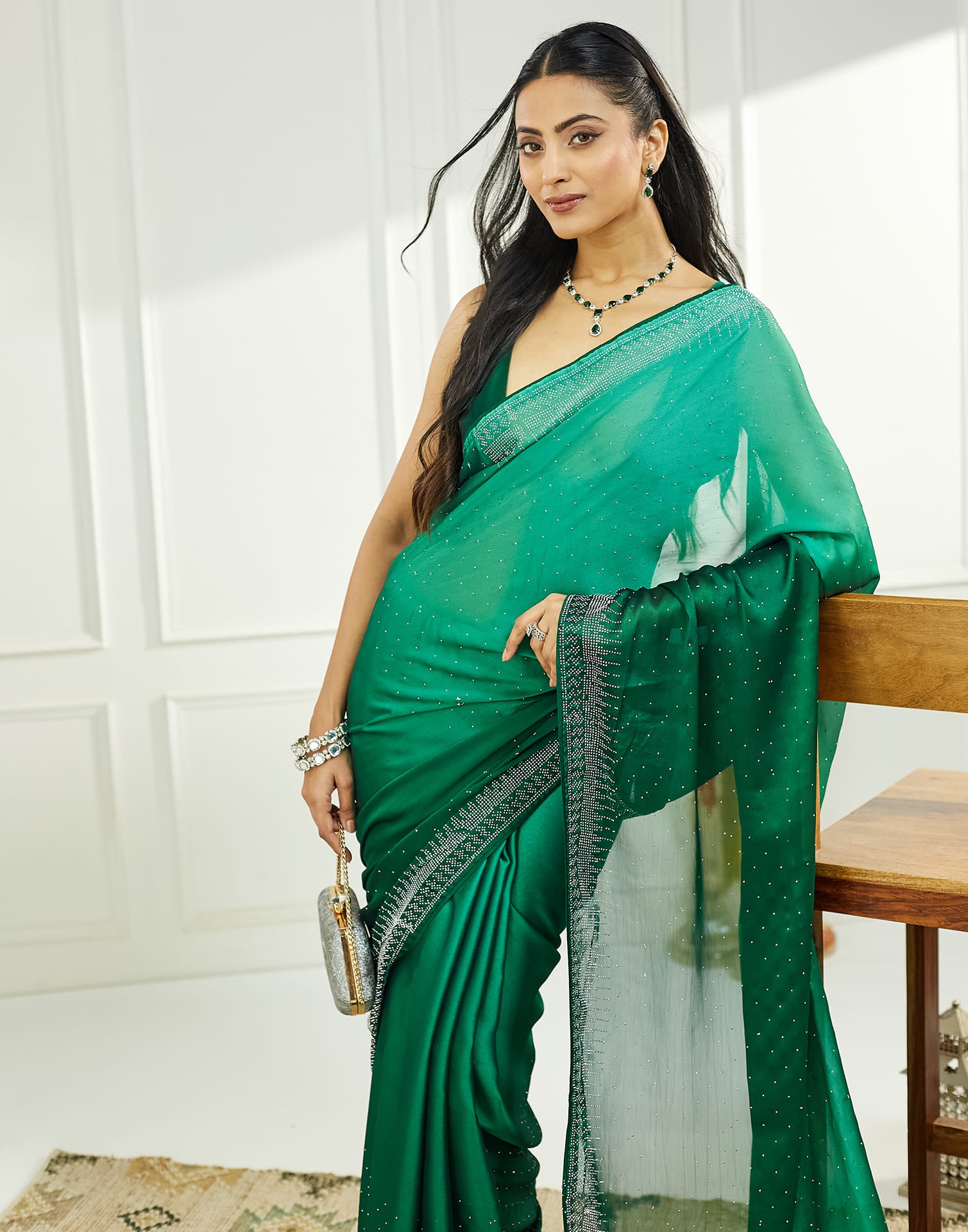 Turquoise Satin Swarovski Embellished Saree