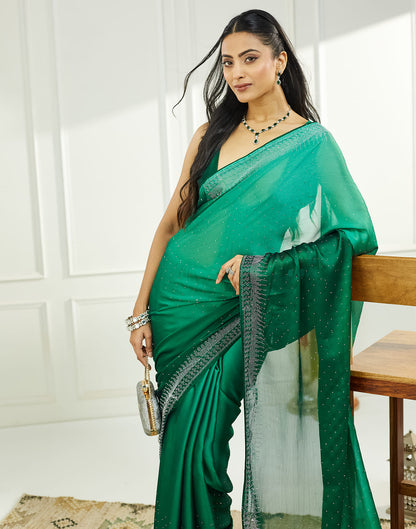 Dark Green Satin Stone Work Swarovski Saree